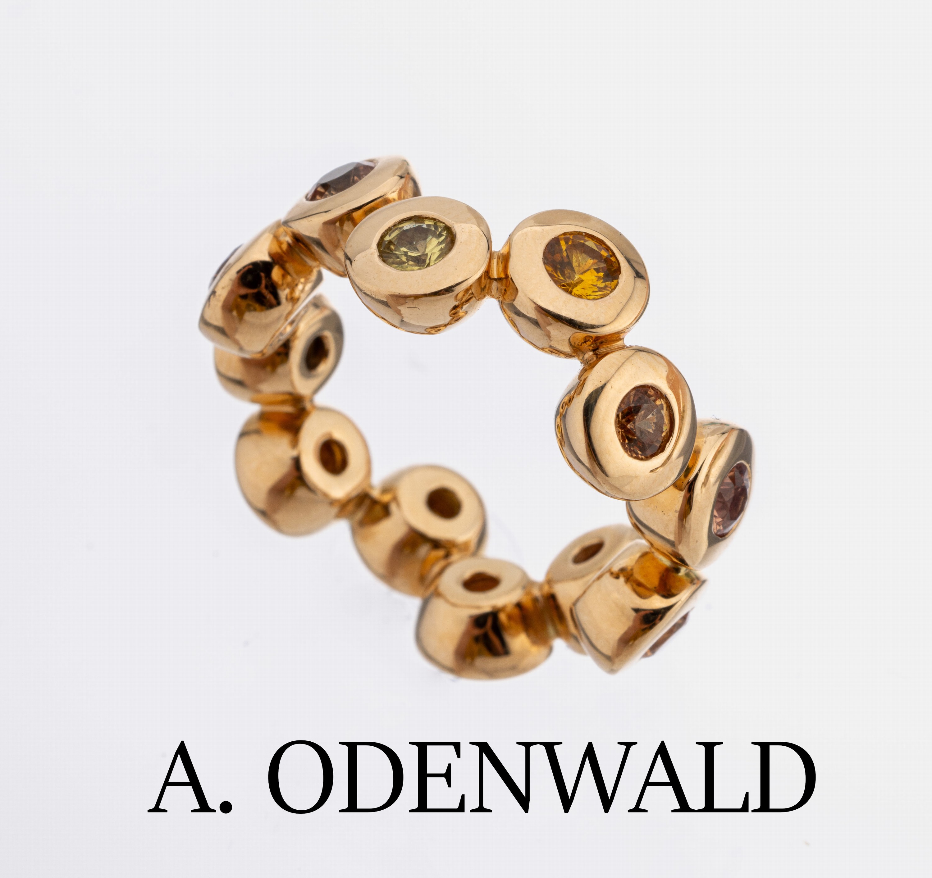 18 kt Gold ODENWALD Saphir-Ring, GG 750/000, 12 rundfacett. Saphire zus. ca. 2.40 ct, versch. Farben, RW 53, ca. 14.5 g