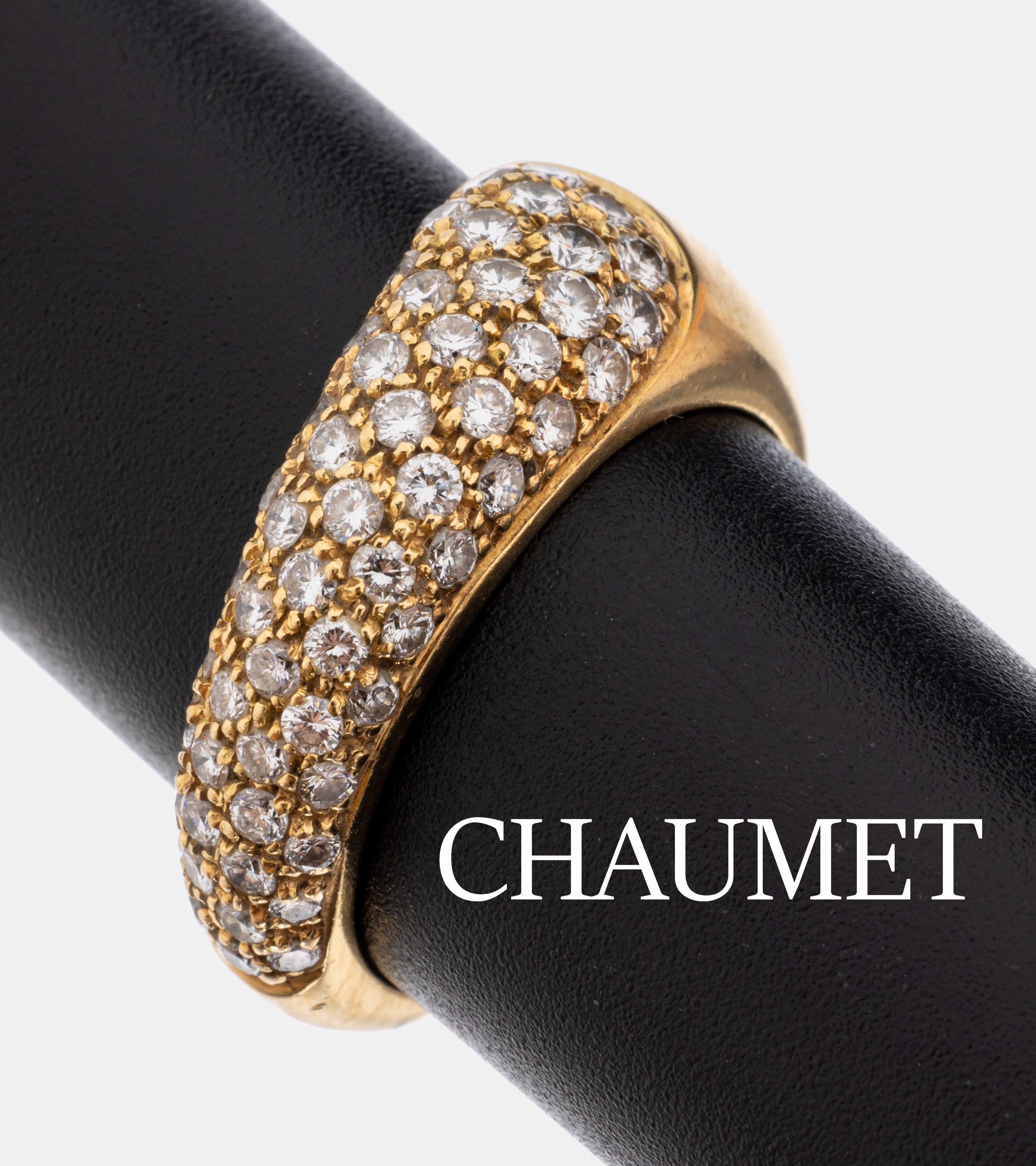 18 kt Gold CHAUMET Brillant-Ring, GG 750/000, Brillanten zus. ca. 0.85 ct Weiß/vs, asymmetrische Formgebung, RW 55, sign.