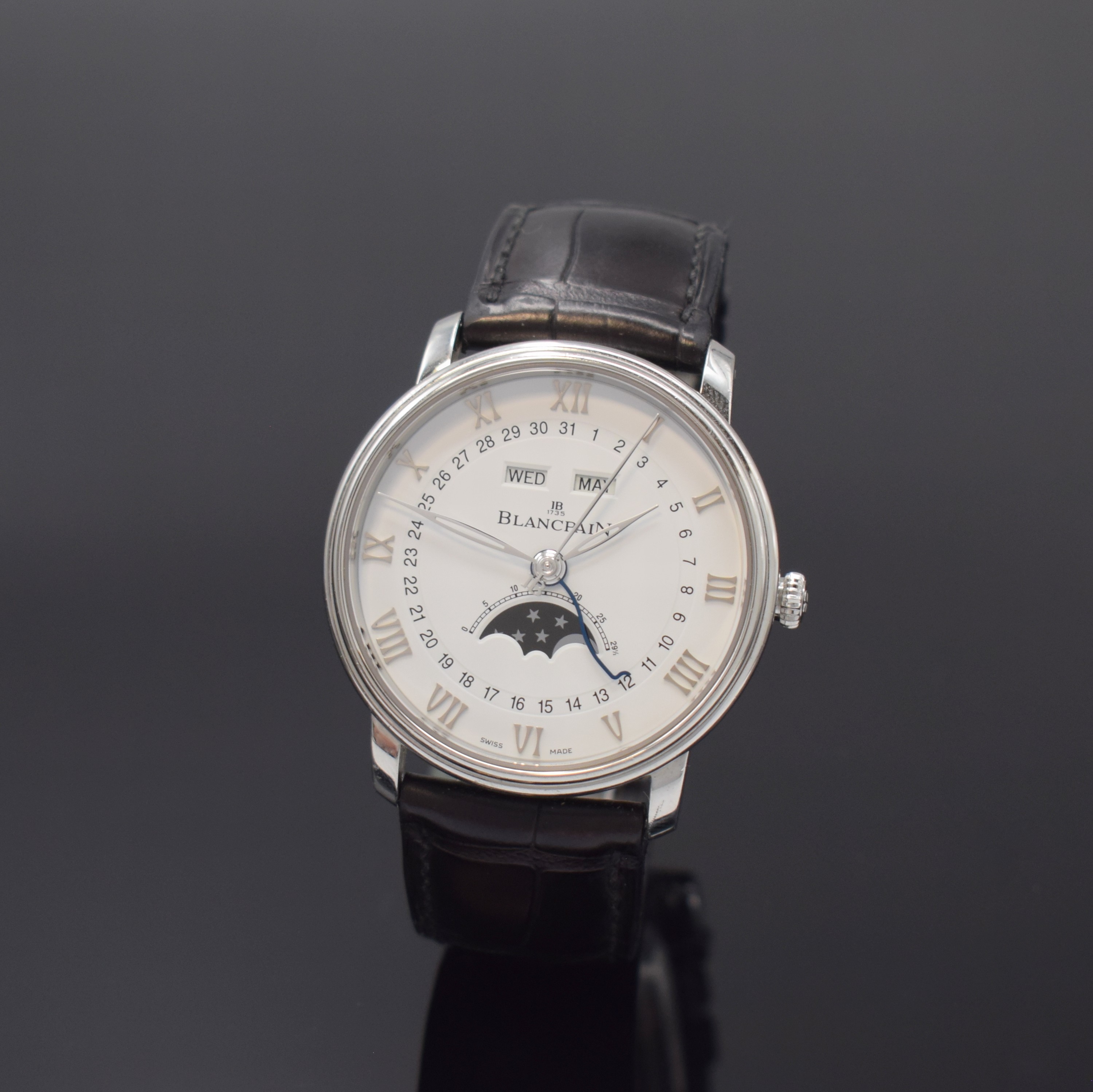BLANCPAIN Villeret Quantieme Complet Herrenarmbanduhr mit Vollkalender in Stahl, Schweiz um 2020, Automatik, beids. vergl. Geh., orig. Lederband (zu ...