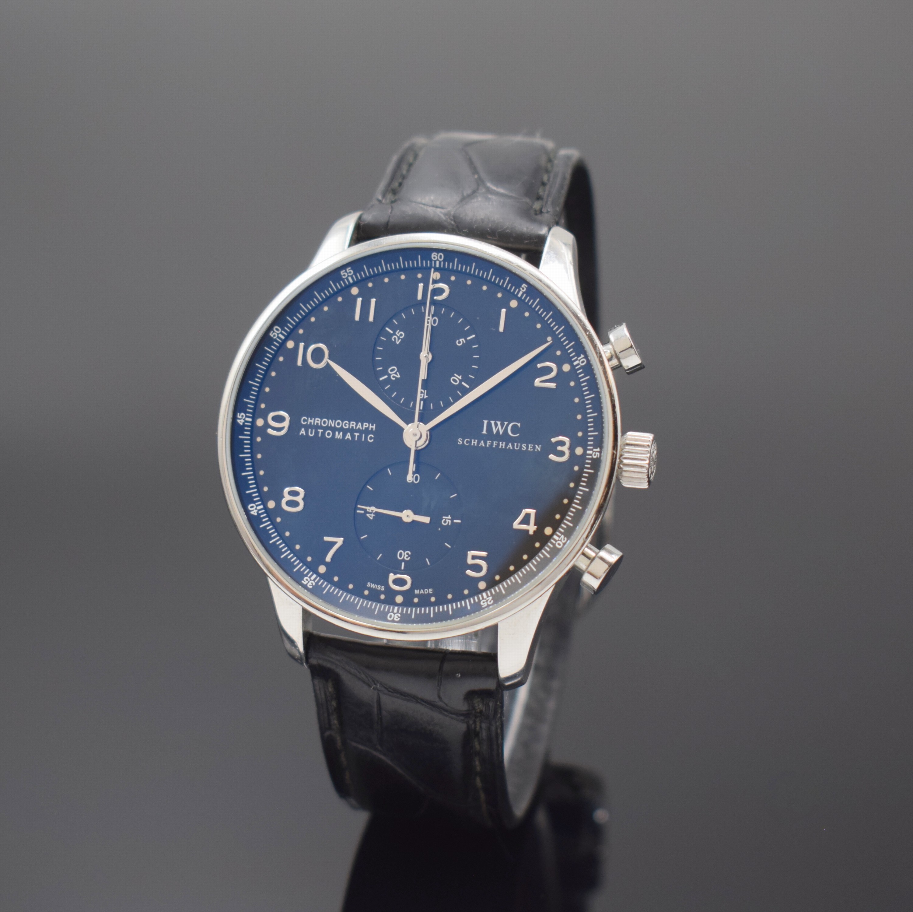 IWC Herrenchronograph Modell Portugieser Referenz 3714, Schweiz um 2005, Automatik, Edelstahlgeh. inkl. IWC Lederband (zu ers.) m. orig. Dornschl., ...