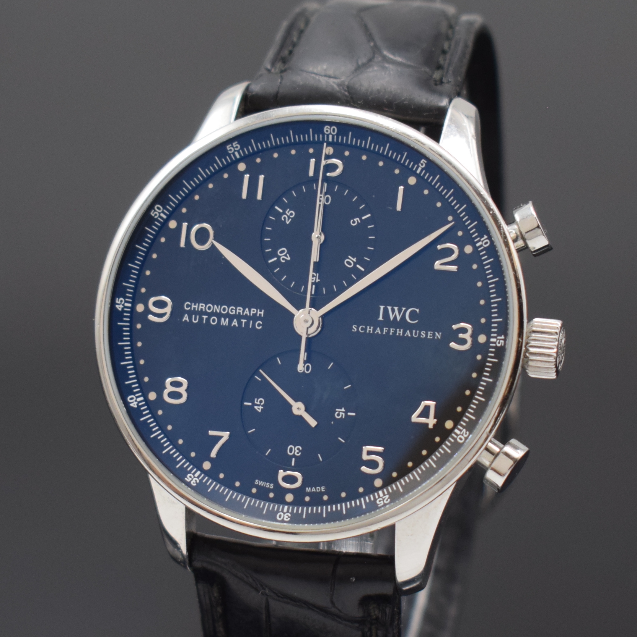 Detail a: IWC Herrenchronograph Modell Portugieser Referenz 3714, Schweiz um 2005, Automatik, Edelstahlgeh. inkl. IWC Lederband (zu ers.) m. orig. Dornschl., ...