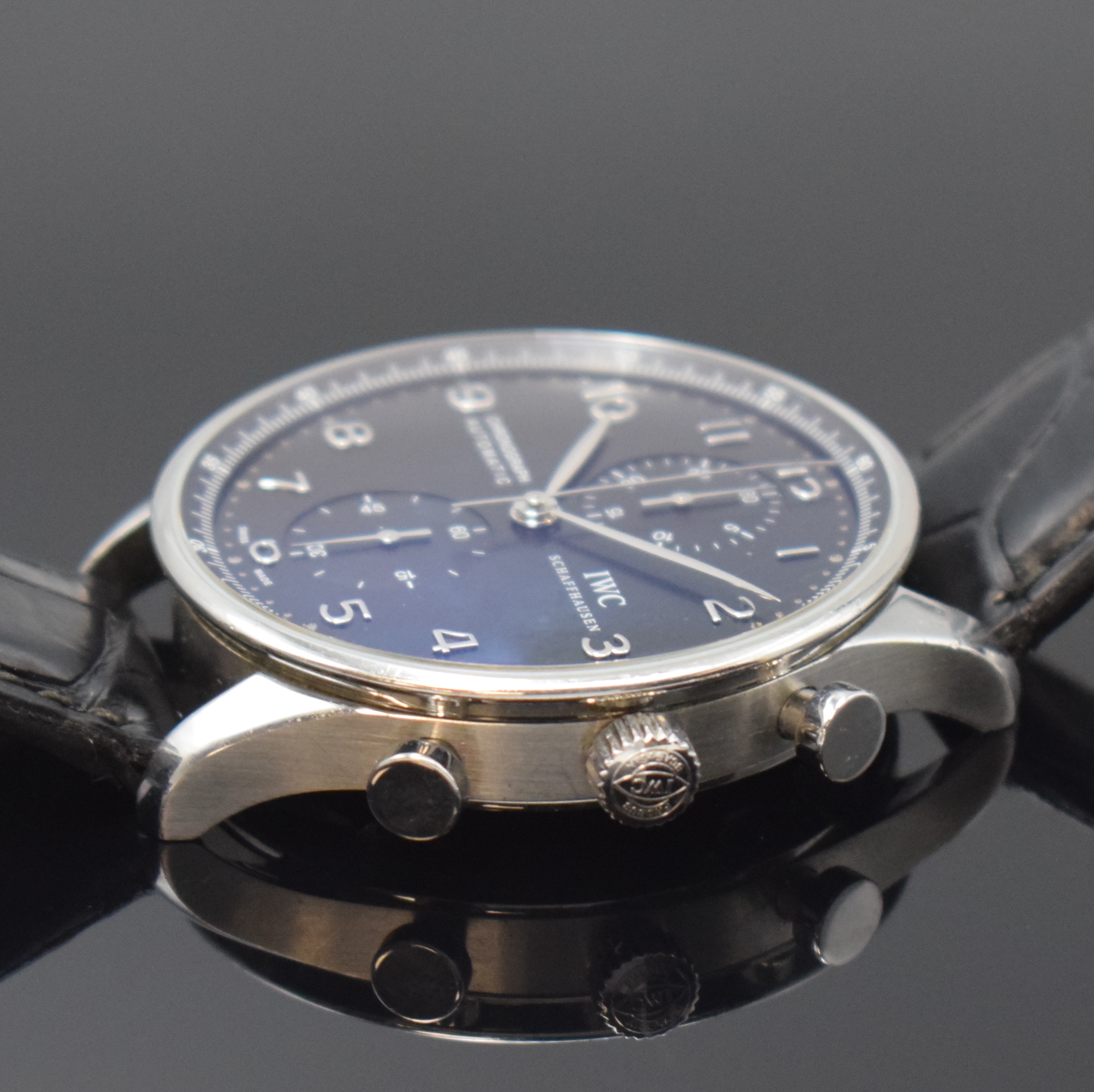 Detail c: IWC Herrenchronograph Modell Portugieser Referenz 3714, Schweiz um 2005, Automatik, Edelstahlgeh. inkl. IWC Lederband (zu ers.) m. orig. Dornschl., ...