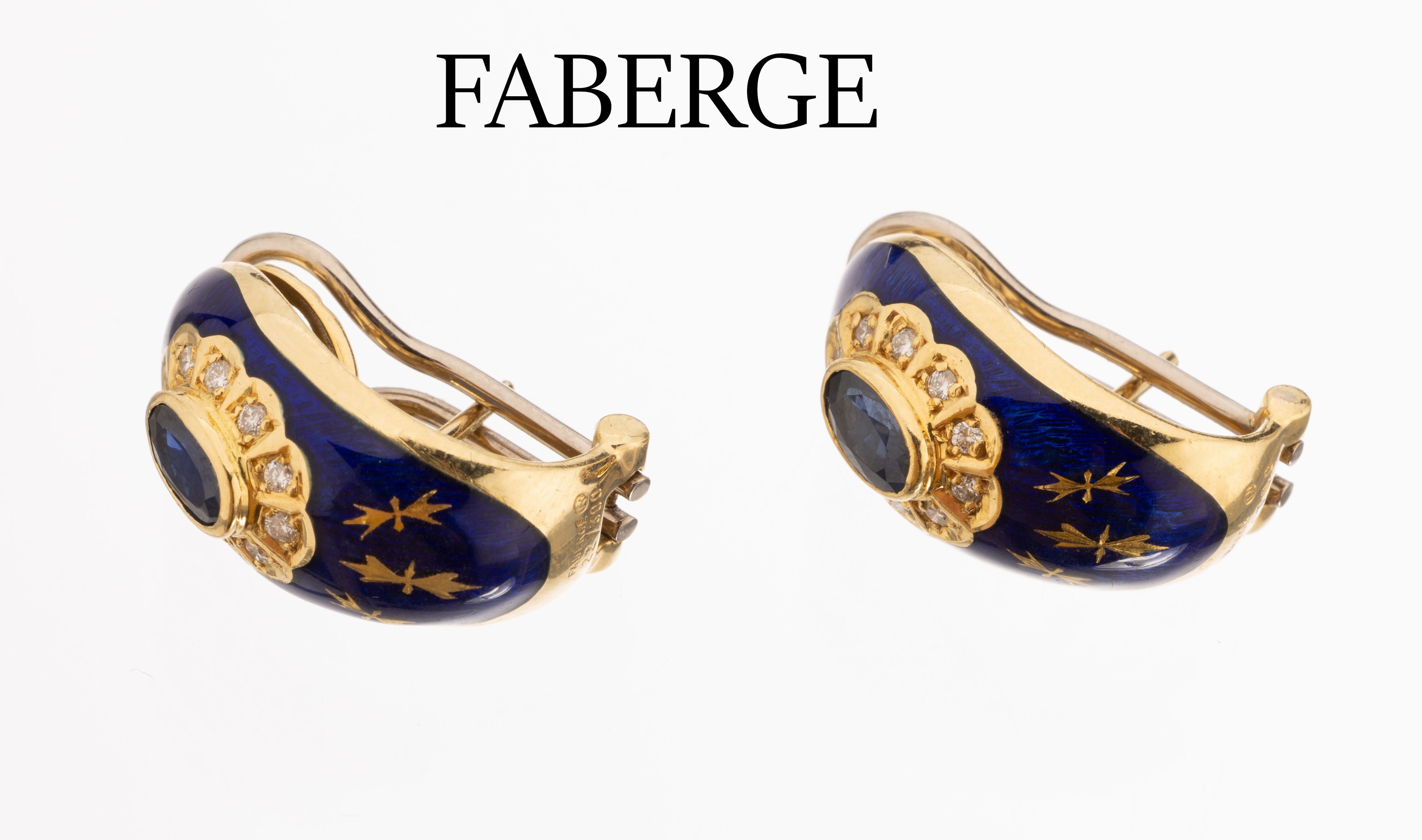Paar 18 kt Gold FABERGE Saphir-Brillant -Ohrstecker, GG 750/000, 2 ovalfacett. Saphire zus. ca. 0.80 ct, 20 Brillanten zus. ca. 0.25 ct feines ...