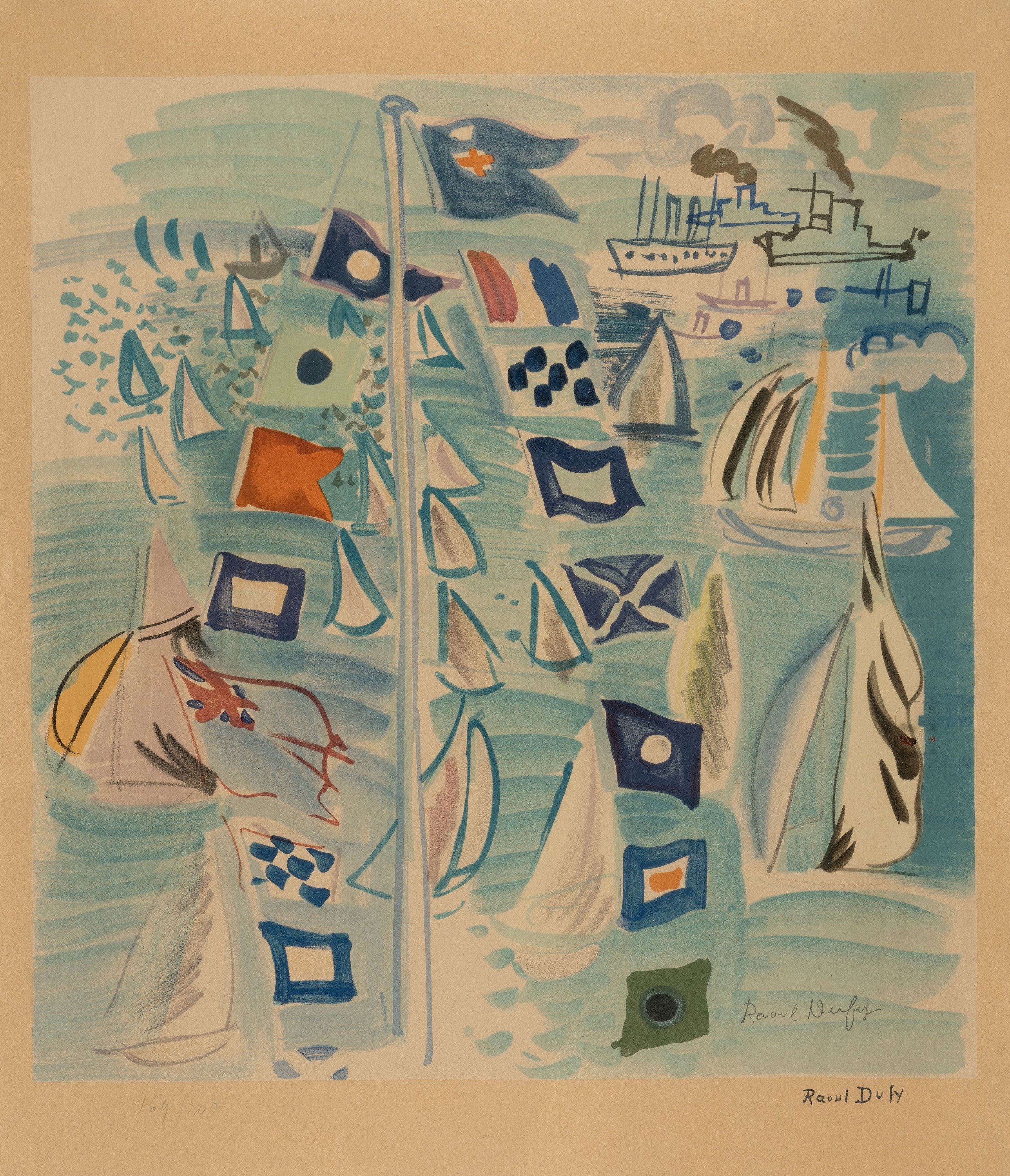 Raoul Dufy, 1877-1953, Regatta bei Cowes, Farblithographie, handsigniert, num. 169/200, ca. 50x47cm, stark gebräunt, u.Gl., R. ca. 74x58cm