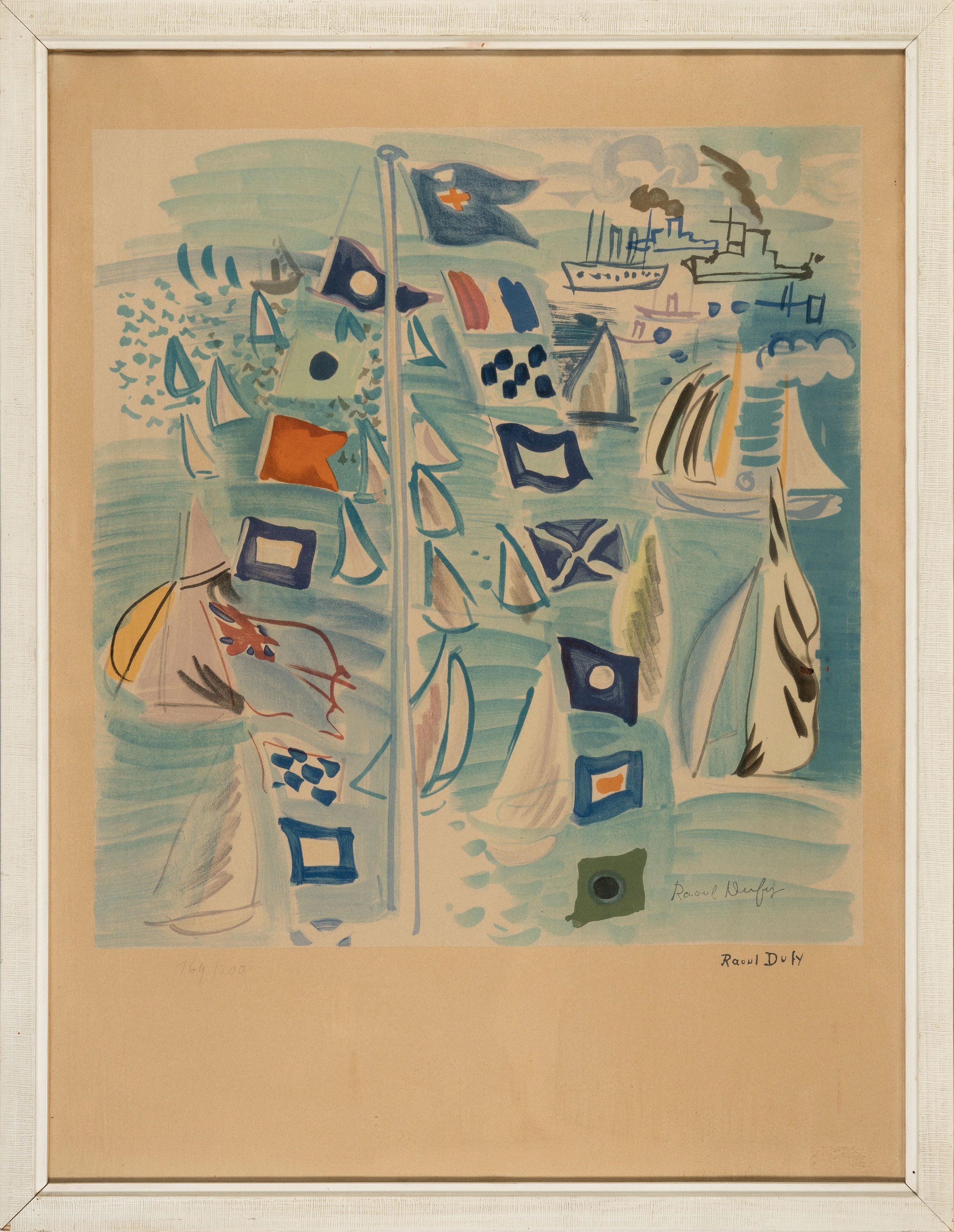 Detail k: Raoul Dufy, 1877-1953, Regatta bei Cowes, Farblithographie, handsigniert, num. 169/200, ca. 50x47cm, stark gebräunt, u.Gl., R. ca. 74x58cm