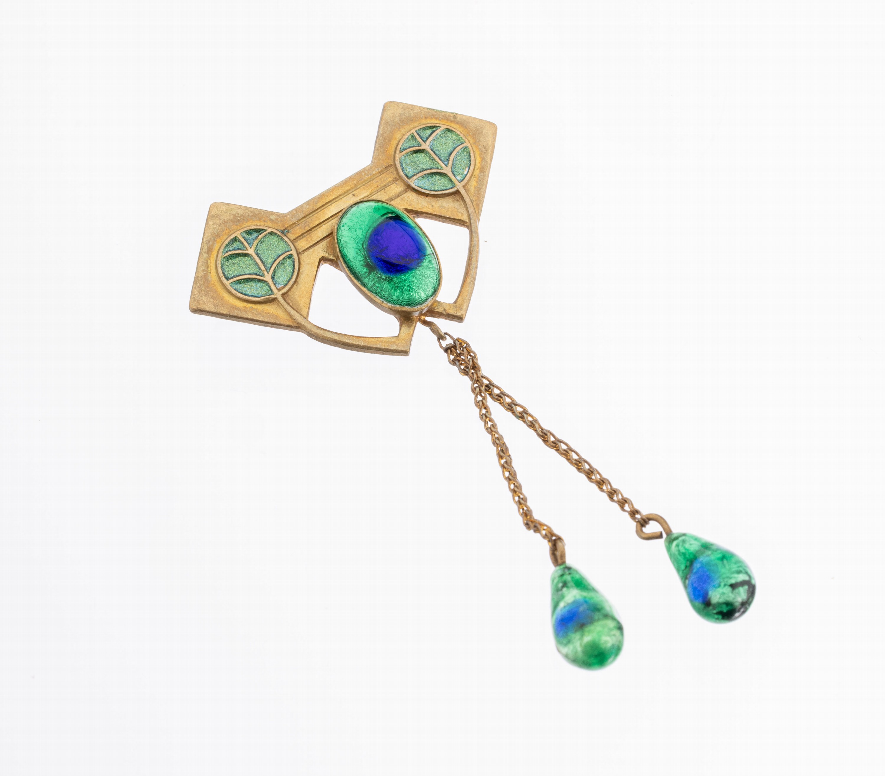 Jugendstil Brosche mit Email, 1900-1903, Messing, wohl deutsch, geometrisch, 2 lange bewegl. Abhängungen, emailliert in grün und blau