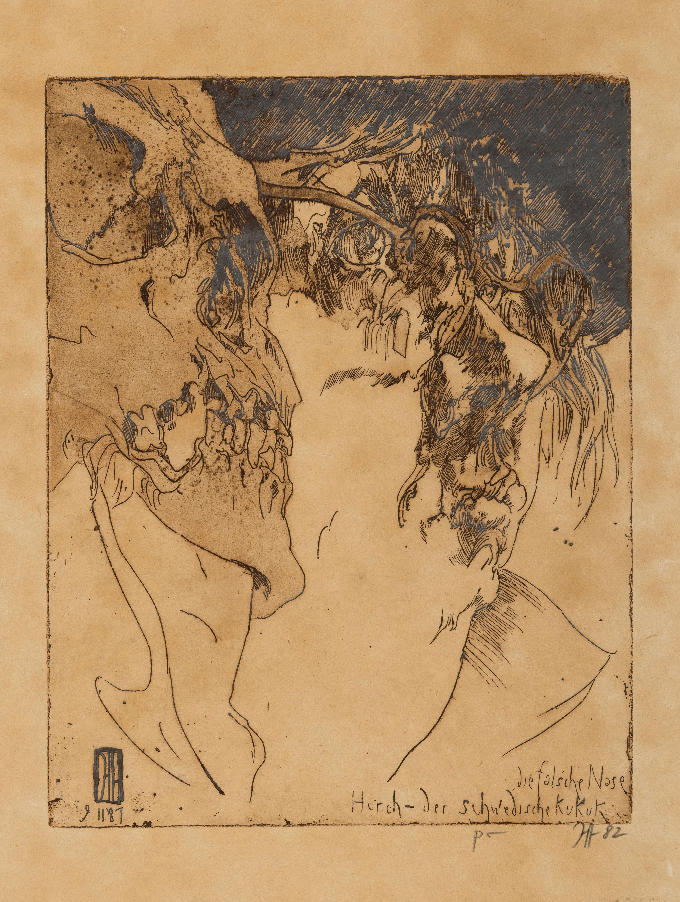 Horst Janssen, 1929-1995, Die Flasche Nase- Huch der schwedische Kukuk, Radierung von 1982, handsigniert, stark gebräunt, ca. 31.5x24.5 cm, u.Gl., ...