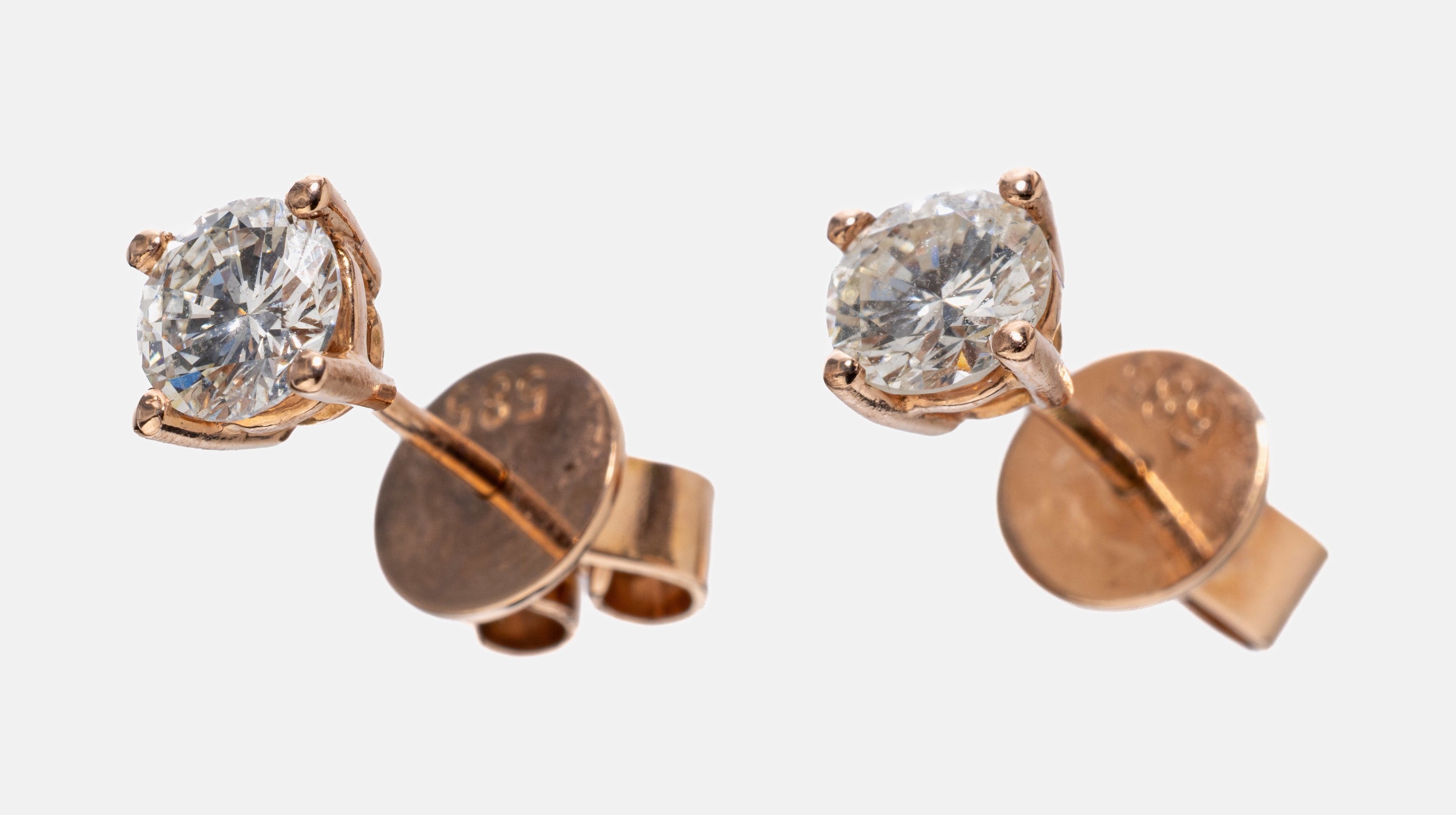Paar 14 kt Gold Brillant-Ohrstecker, RG 585/000, 2 Brillanten zus. ca. 0.91 ct l.get.Weiß/si-p