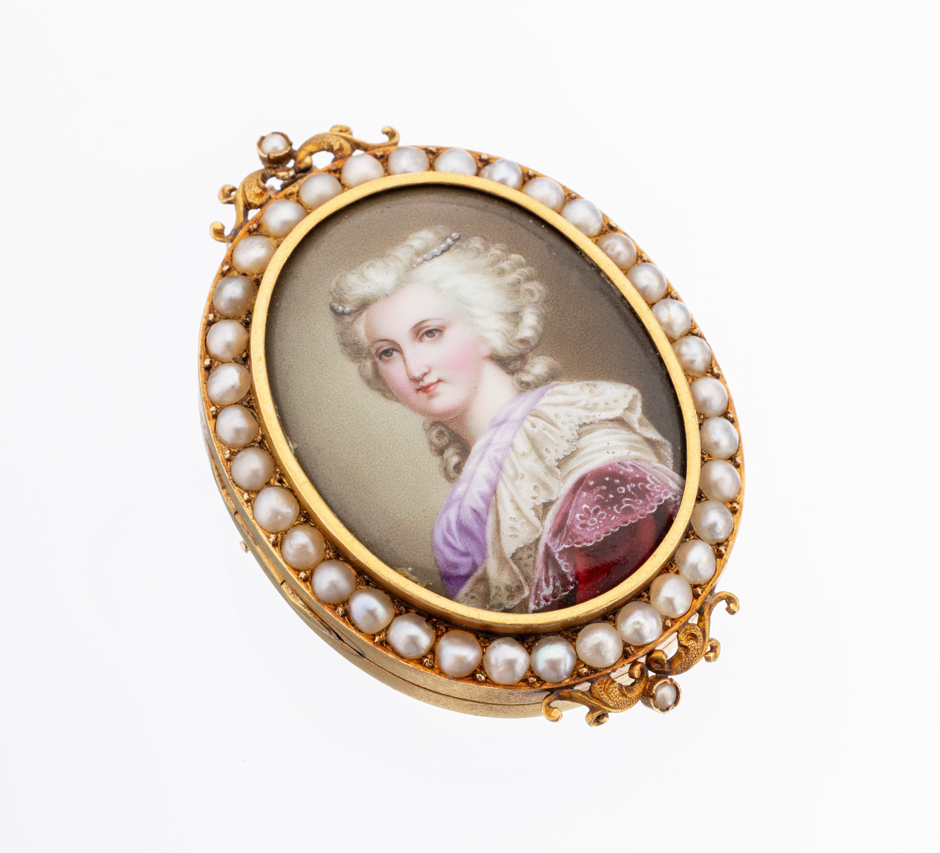 18 kt Gold Miniaturmalerei-Brosche, um 1860, GG 750/000 gepr., schwere qualitätvolle Verarbeitung, ovale Miniaturmalerei, Darstellung einer jungen ...