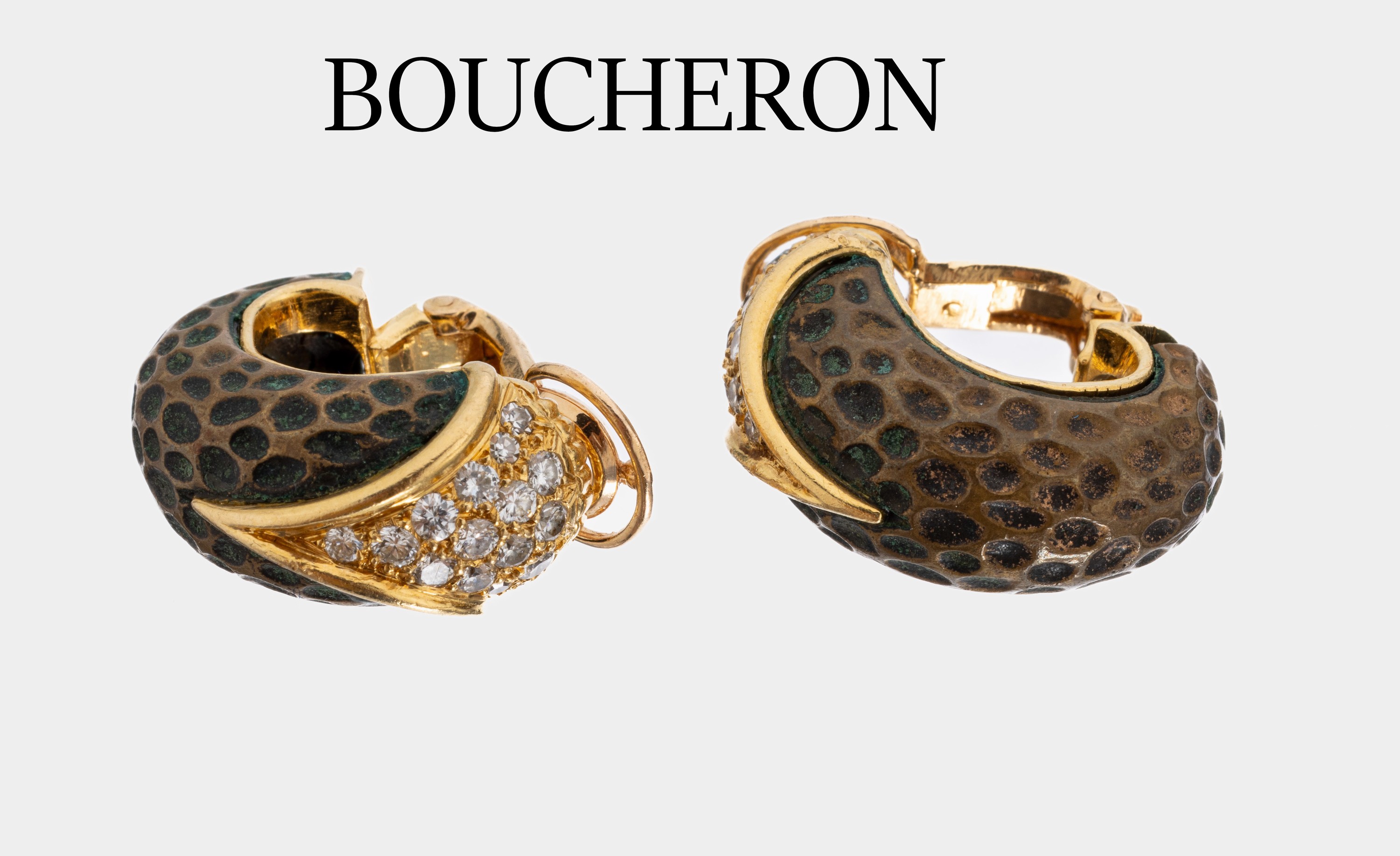 Paar 18 kt Gold BOUCHERON Diamant-Ohrclips, GG 750/000, außergewöhnlich mit Kupfereinlage, 32 Brillanten und 8/8-Diamantenzus. ca. 0.60 ct feines ...