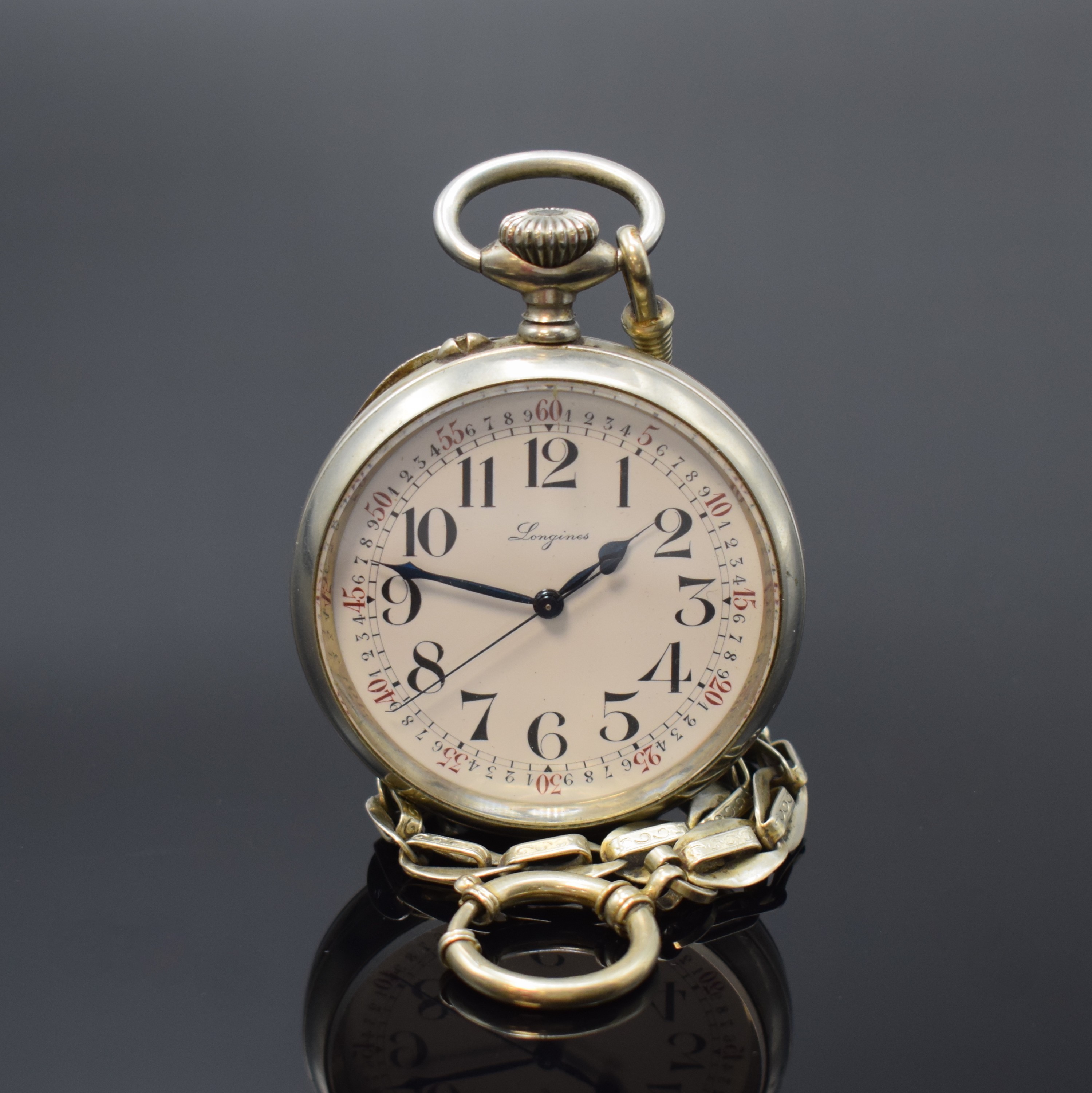 LONGINES große, seltene offene Taschenuhr mit Zentralsekunde und ausgeschriebener Minuterie, Schweiz um 1916, glattes Nickelgeh. an Nickel-Kette, ...