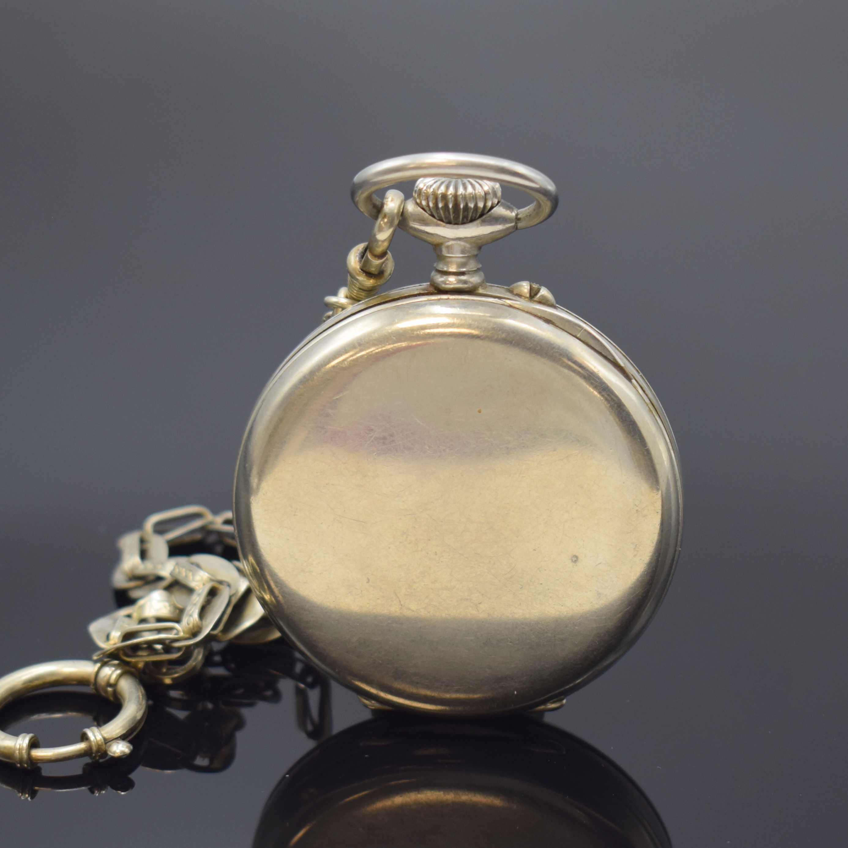 Detail a: LONGINES große, seltene offene Taschenuhr mit Zentralsekunde und ausgeschriebener Minuterie, Schweiz um 1916, glattes Nickelgeh. an Nickel-Kette, ...