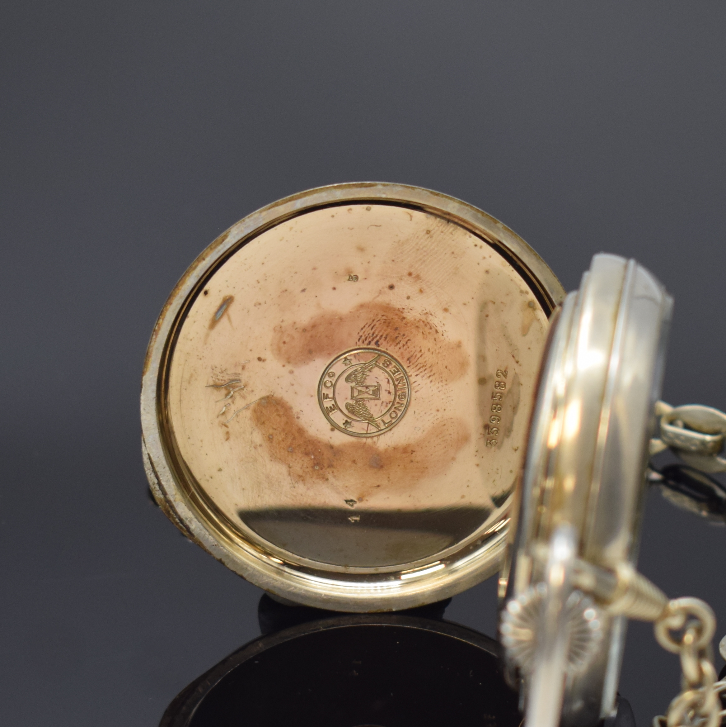 Detail b: LONGINES große, seltene offene Taschenuhr mit Zentralsekunde und ausgeschriebener Minuterie, Schweiz um 1916, glattes Nickelgeh. an Nickel-Kette, ...