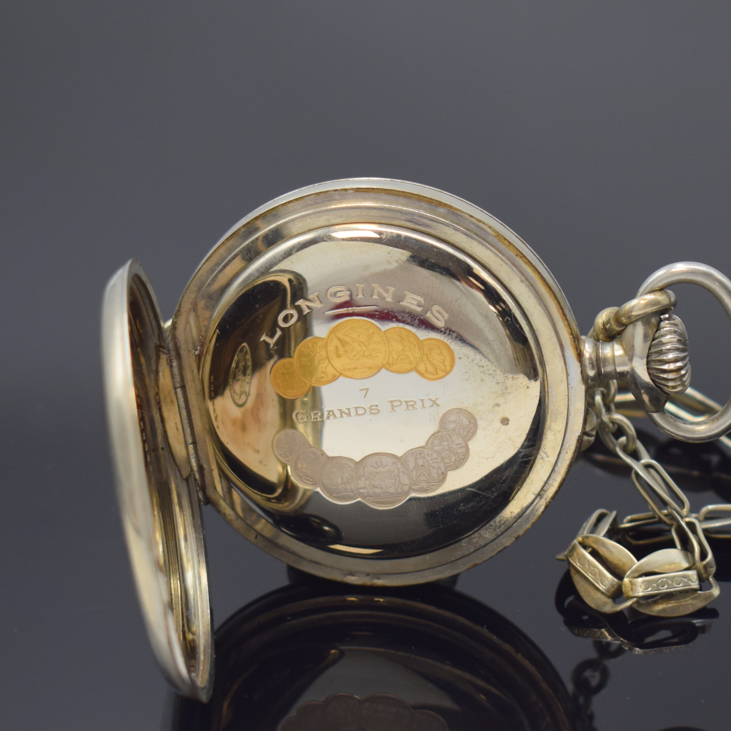 Detail c: LONGINES große, seltene offene Taschenuhr mit Zentralsekunde und ausgeschriebener Minuterie, Schweiz um 1916, glattes Nickelgeh. an Nickel-Kette, ...