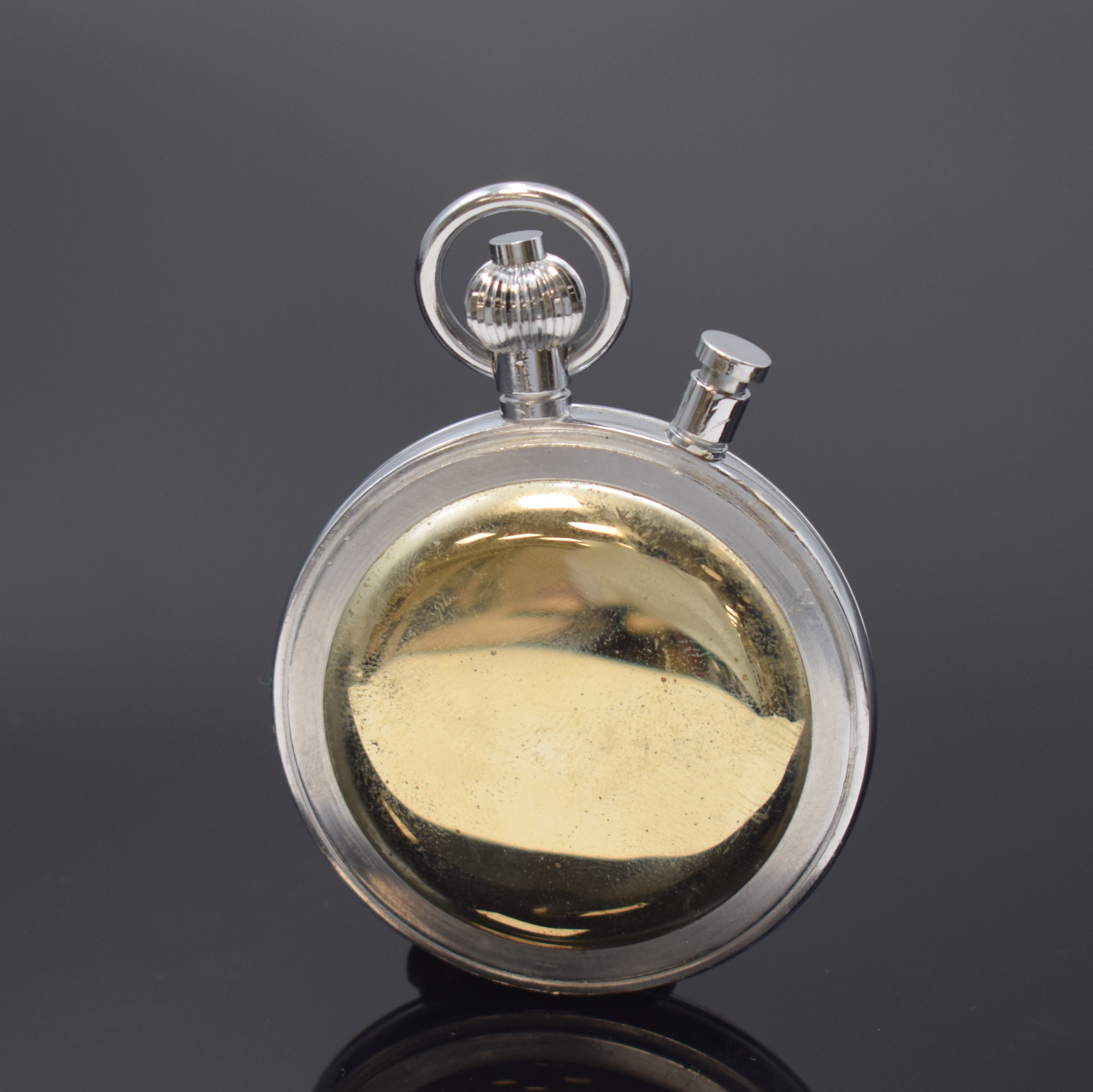 Detail b: HELBI Taschenuhr mit Chronograph Rattrapante, Handaufzug, Schweiz um 1950, verchr. gedr. Geh., Emailzifferblatt m. 1/10 Sek. Außenskala, ...