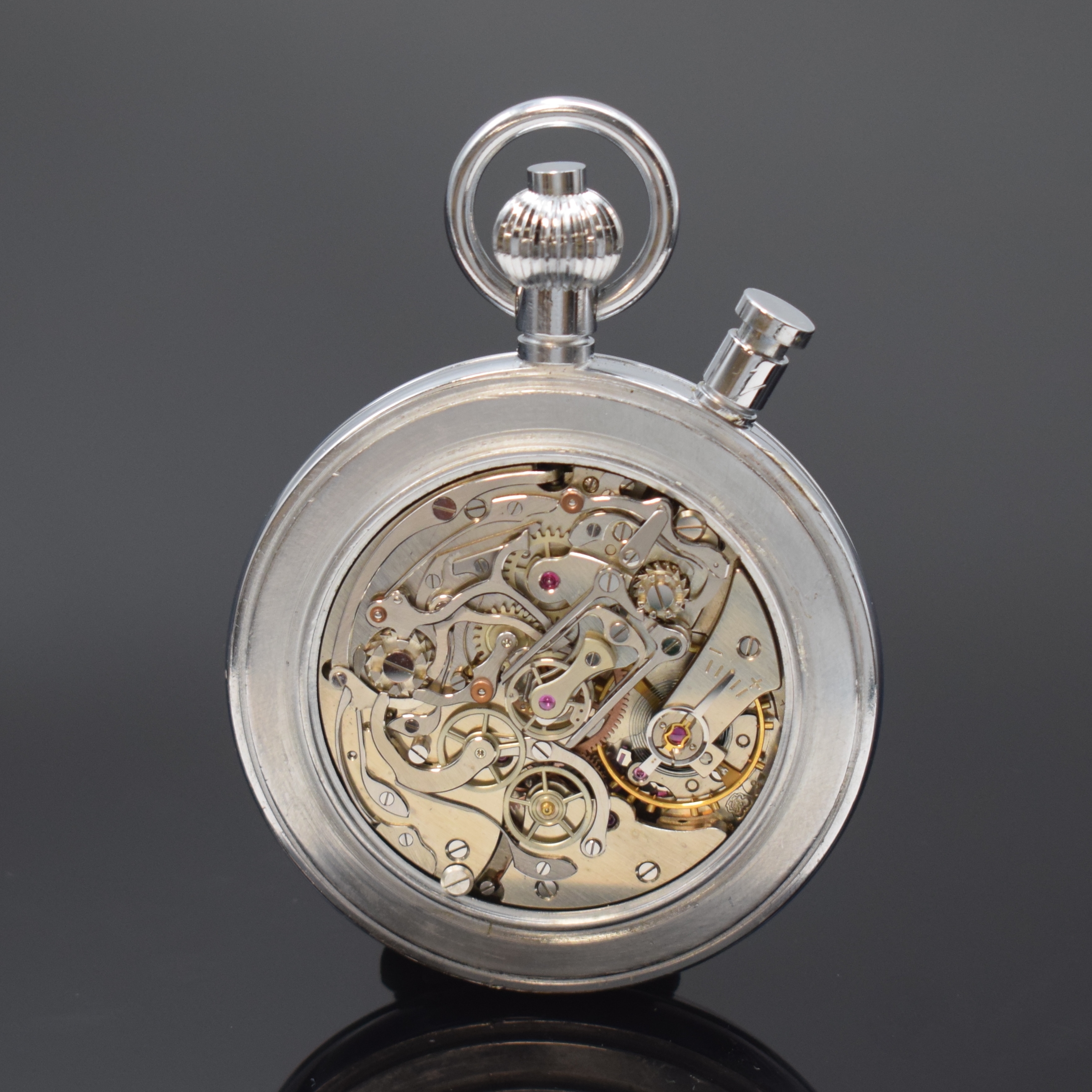 Detail c: HELBI Taschenuhr mit Chronograph Rattrapante, Handaufzug, Schweiz um 1950, verchr. gedr. Geh., Emailzifferblatt m. 1/10 Sek. Außenskala, ...