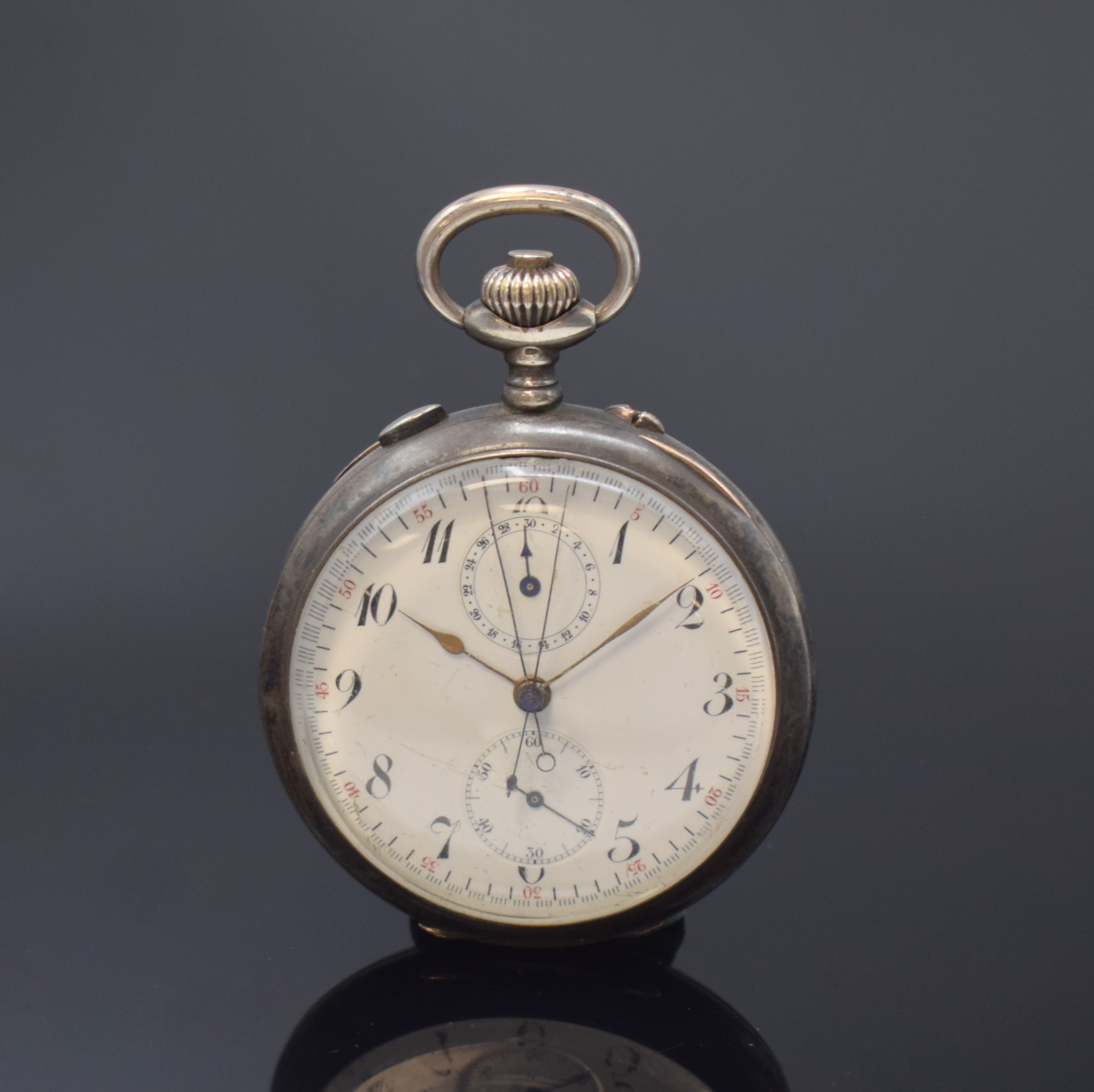 J. & B. ROSSEELS offene Silbertaschenuhr mit Chronograph Rattrapante, Schweiz um 1920, 900er Silbergeh. altersbed. pat., Cuv. m. Händlergravur, ...