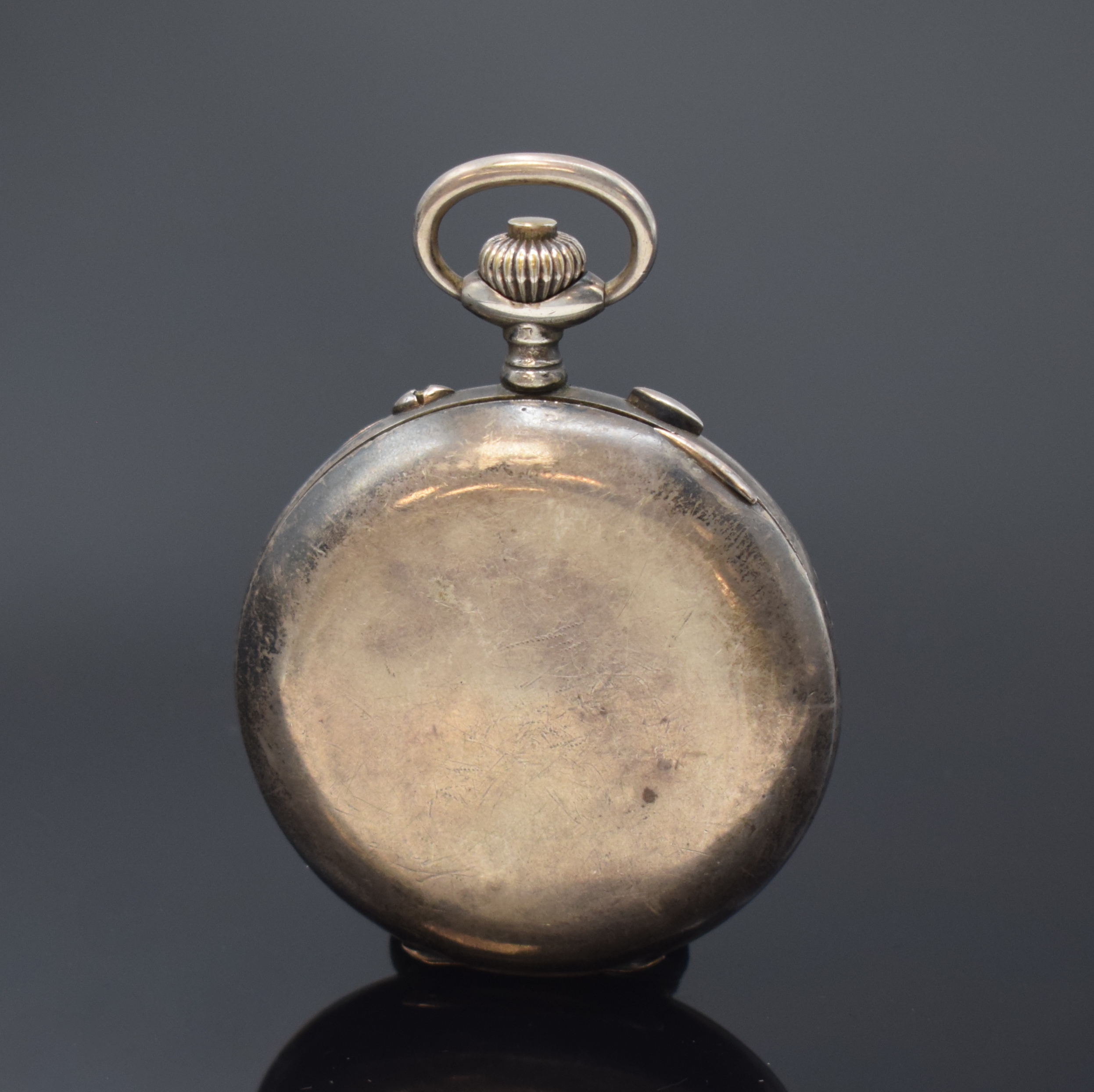 Detail a: J. & B. ROSSEELS offene Silbertaschenuhr mit Chronograph Rattrapante, Schweiz um 1920, 900er Silbergeh. altersbed. pat., Cuv. m. Händlergravur, ...