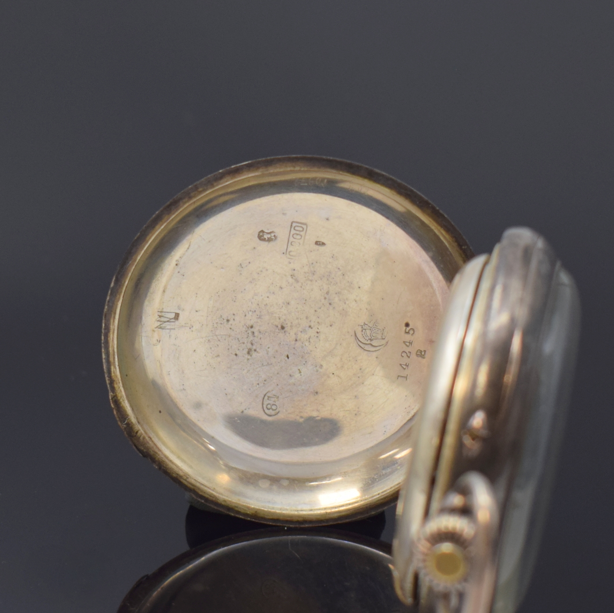 Detail b: J. & B. ROSSEELS offene Silbertaschenuhr mit Chronograph Rattrapante, Schweiz um 1920, 900er Silbergeh. altersbed. pat., Cuv. m. Händlergravur, ...