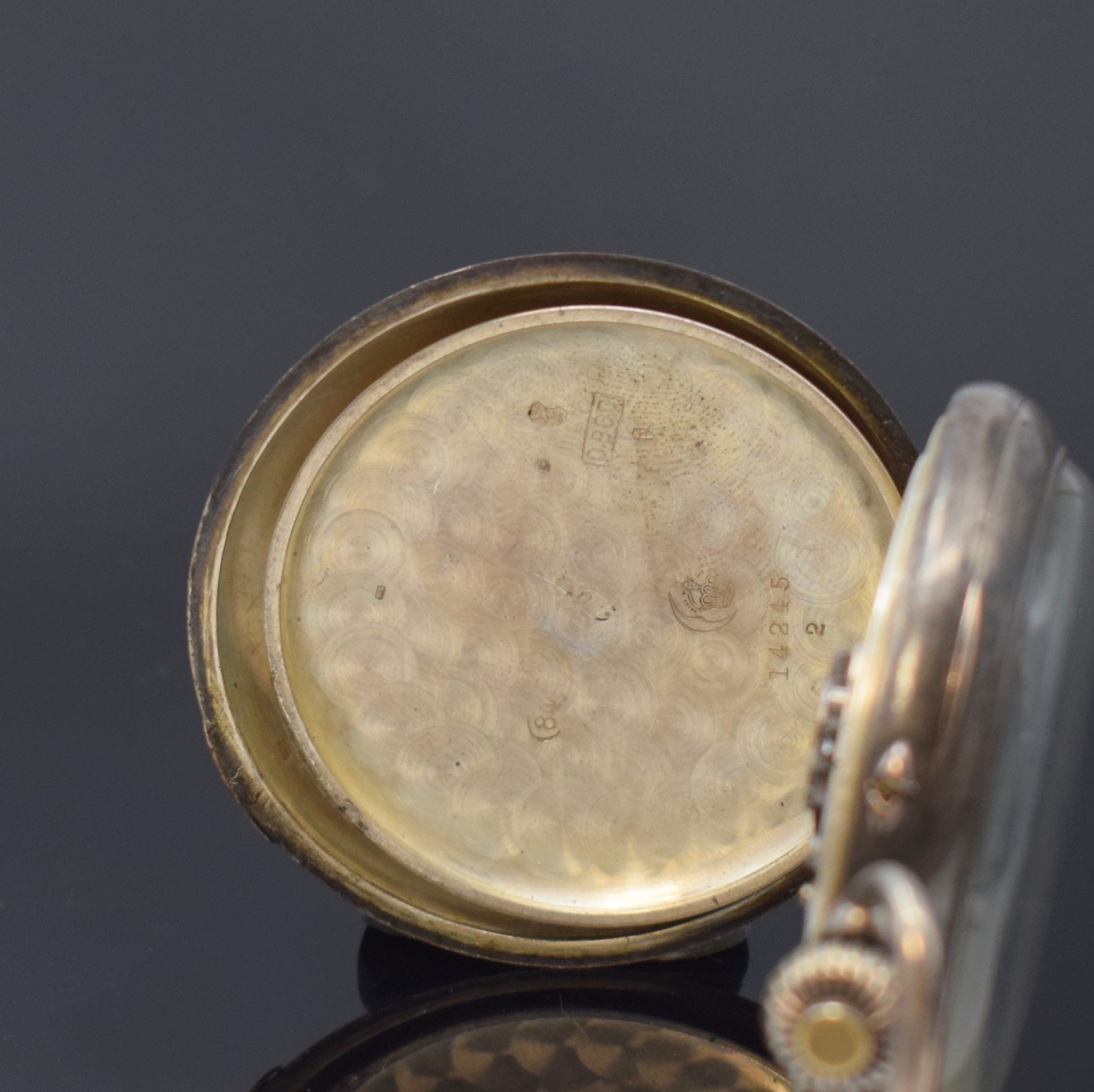 Detail d: J. & B. ROSSEELS offene Silbertaschenuhr mit Chronograph Rattrapante, Schweiz um 1920, 900er Silbergeh. altersbed. pat., Cuv. m. Händlergravur, ...