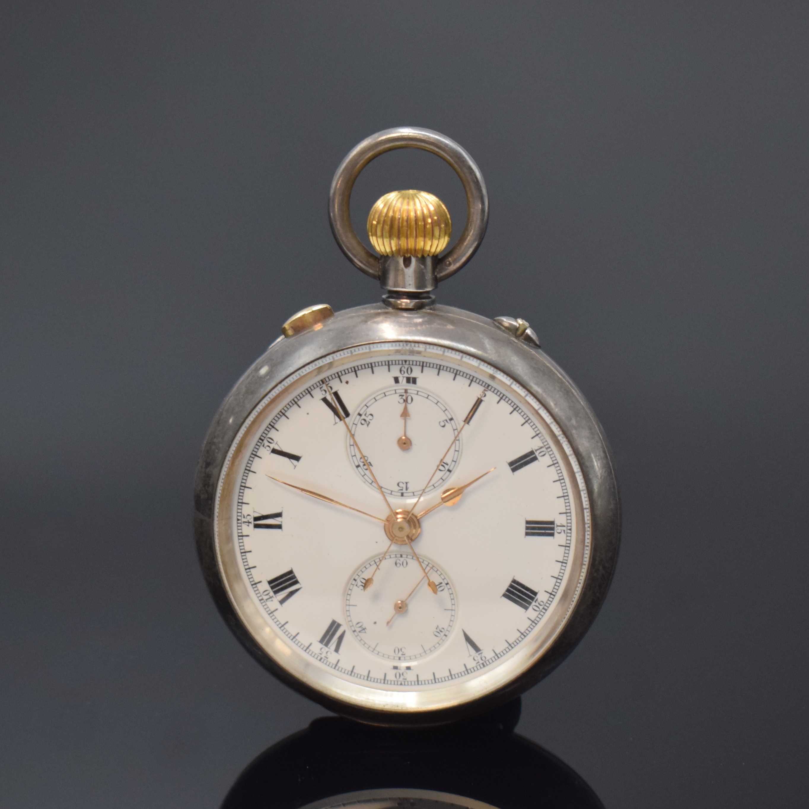 Offene Herrentaschenuhr in 925er Silber mit Chronographe Rattrapante, Schweiz/England um 1910, glattes Silbergeh. Cuv. m. Widmungsgravur, 3-teil. ...