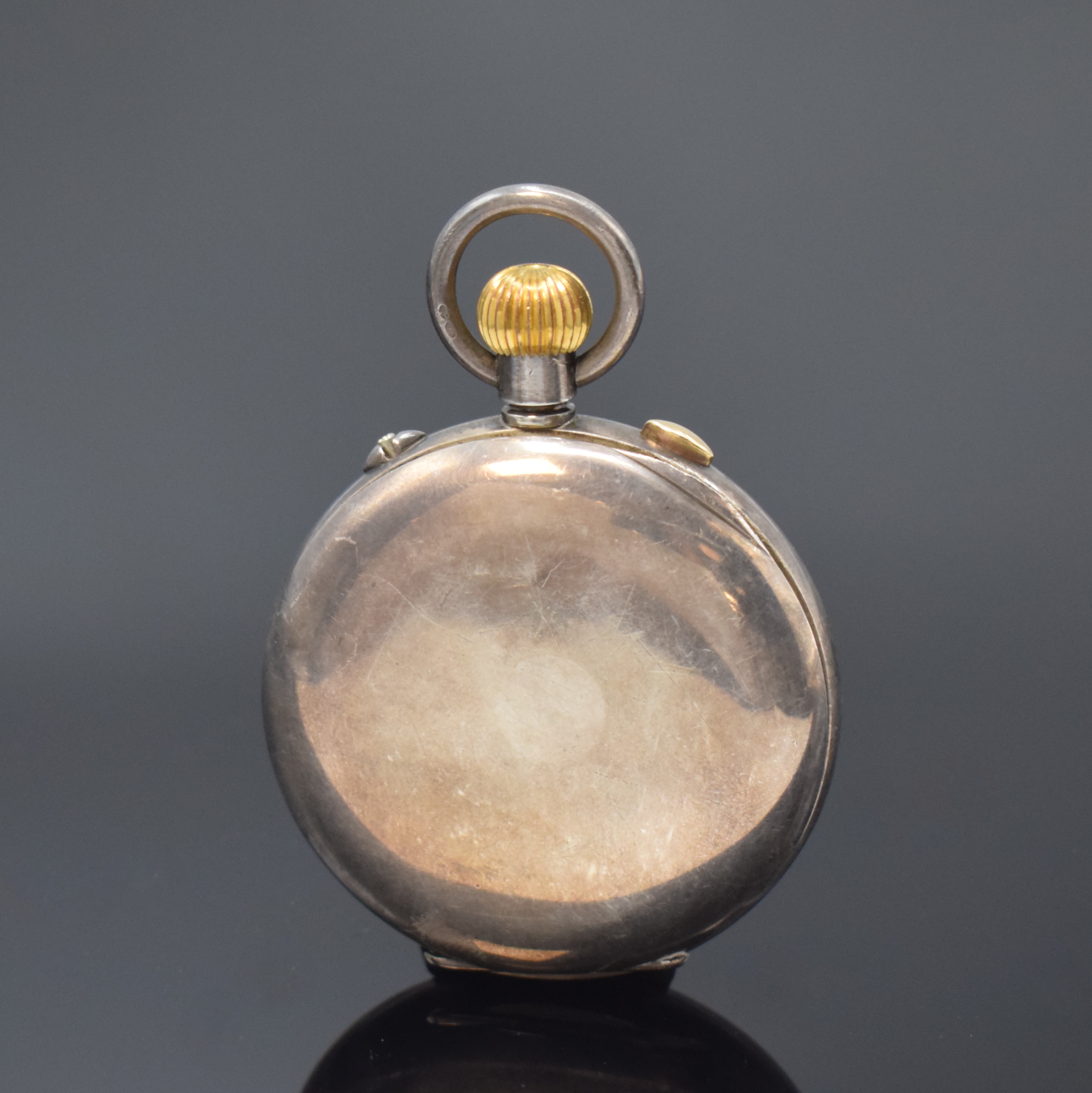 Detail a: Offene Herrentaschenuhr in 925er Silber mit Chronographe Rattrapante, Schweiz/England um 1910, glattes Silbergeh. Cuv. m. Widmungsgravur, 3-teil. ...