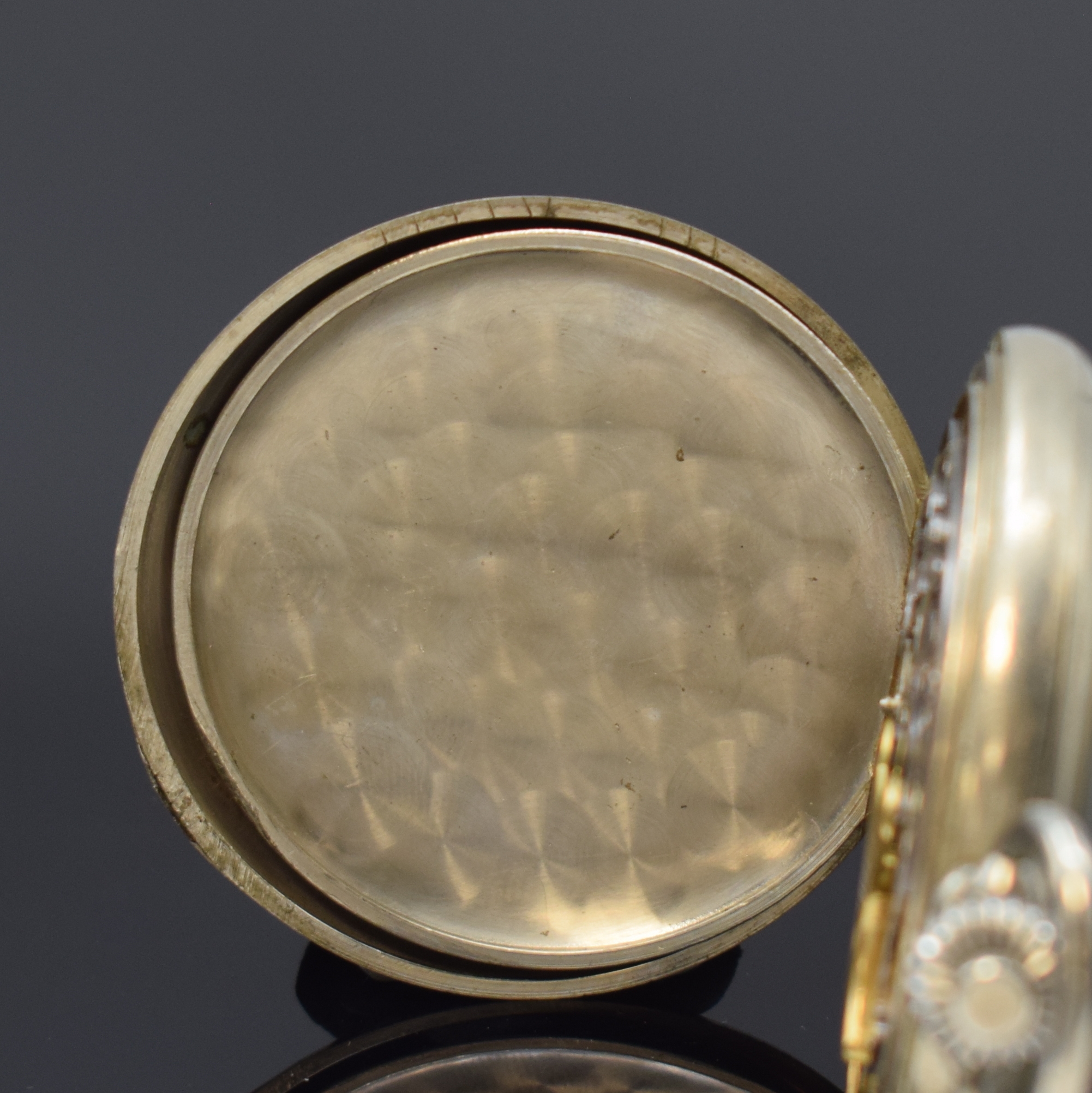Detail d: LIP offene Herrentaschenuhr mit Schaltradchronograph, Schweiz f. franz. Markt um 1920, Nickelgeh. dell., Emailzifferbl. mit arab. Zahlen und ...