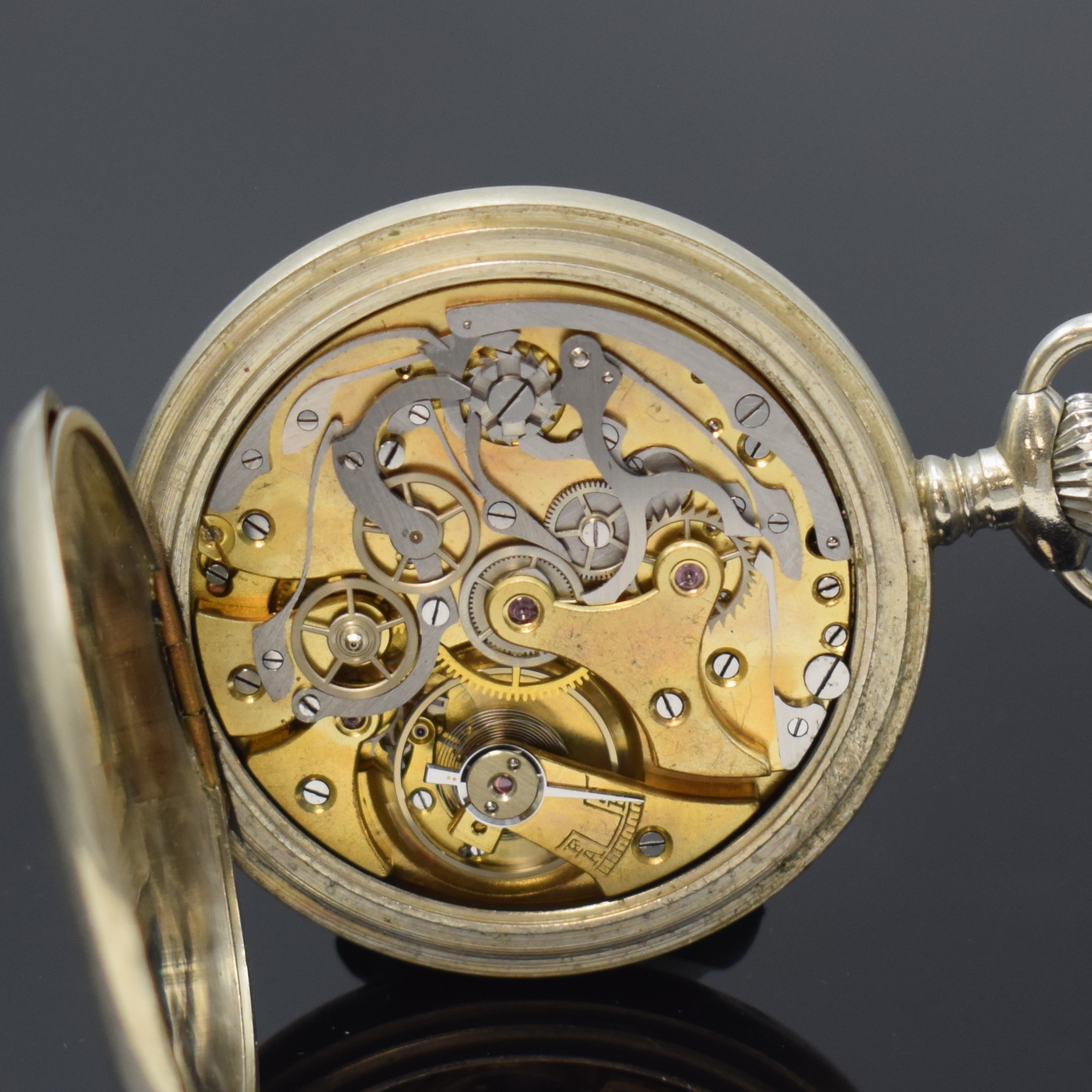 Detail e: LIP offene Herrentaschenuhr mit Schaltradchronograph, Schweiz f. franz. Markt um 1920, Nickelgeh. dell., Emailzifferbl. mit arab. Zahlen und ...