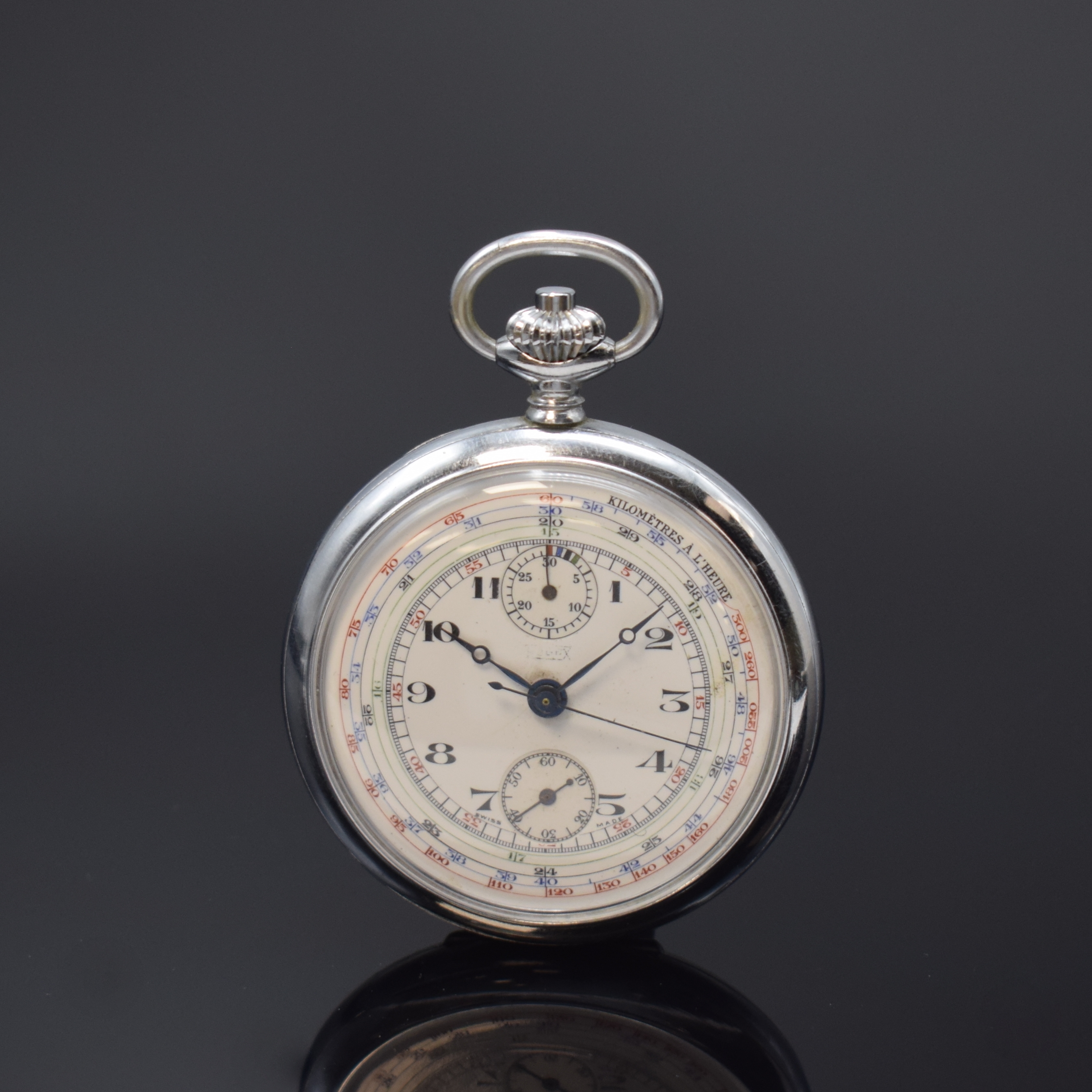 HUGEX offene Herrentaschenuhr mit Schaltradchronograph, Schweiz um 1925, verchr. Geh., Emailzifferbl. mit arab. Zahlen und mehrfarbiger Skalierung ...