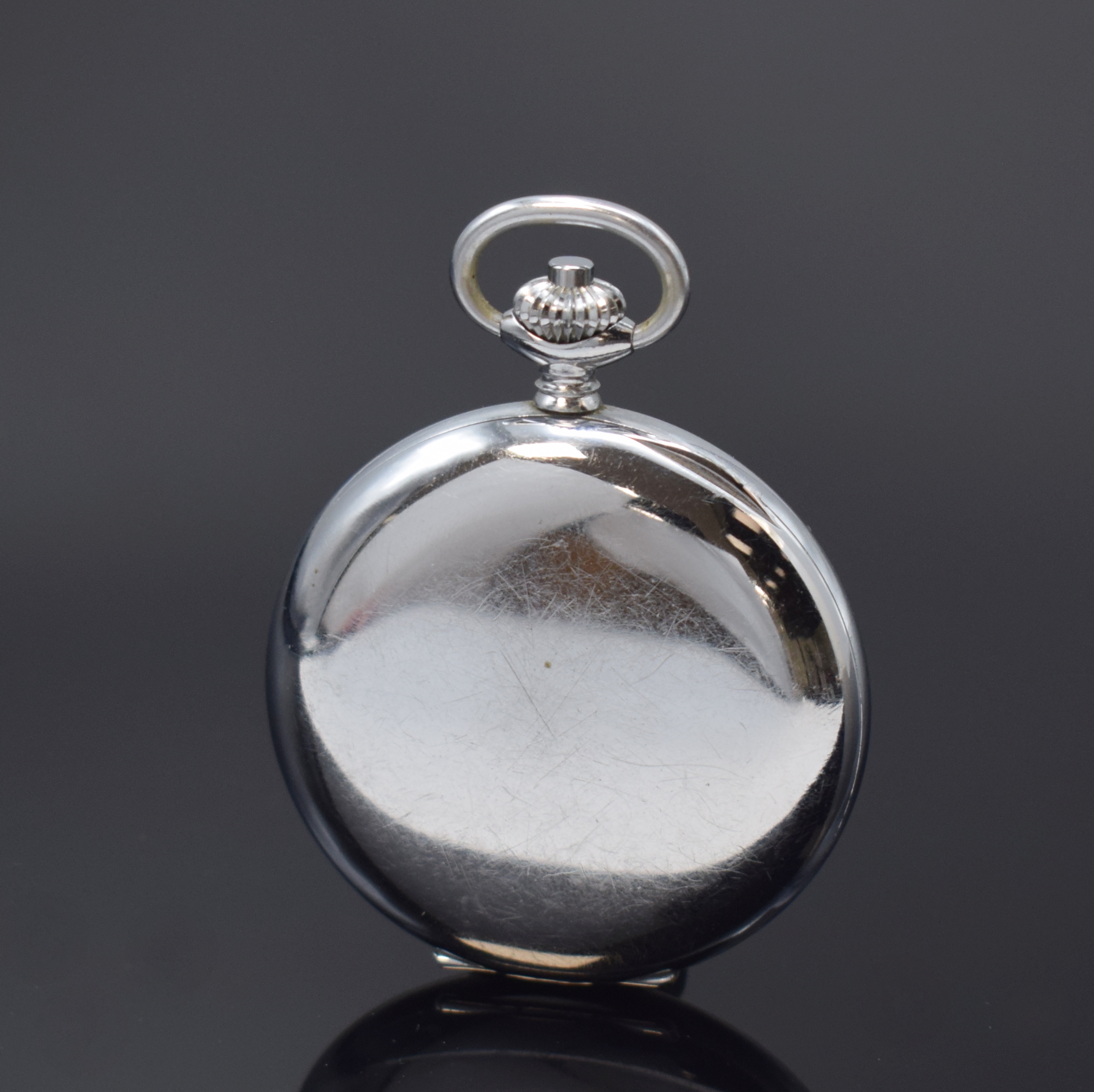 Detail a: HUGEX offene Herrentaschenuhr mit Schaltradchronograph, Schweiz um 1925, verchr. Geh., Emailzifferbl. mit arab. Zahlen und mehrfarbiger Skalierung ...