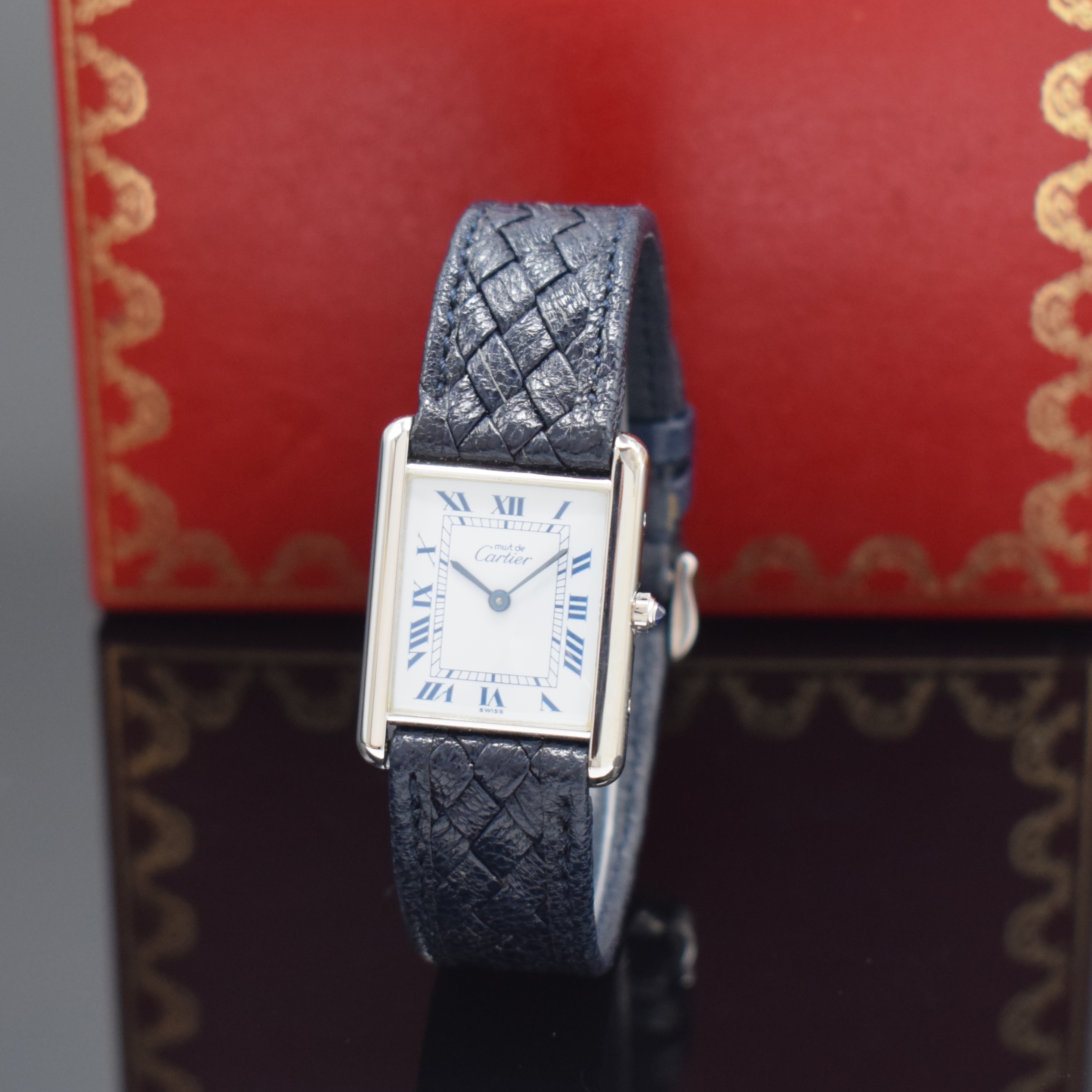 CARTIER Paris Tank Damenarmbanduhr in 925er Silber Referenz 681006, Schweiz um 1990, quarz, seitl. 4-fach verschr., orig. Lederband m. Dornschl., ...