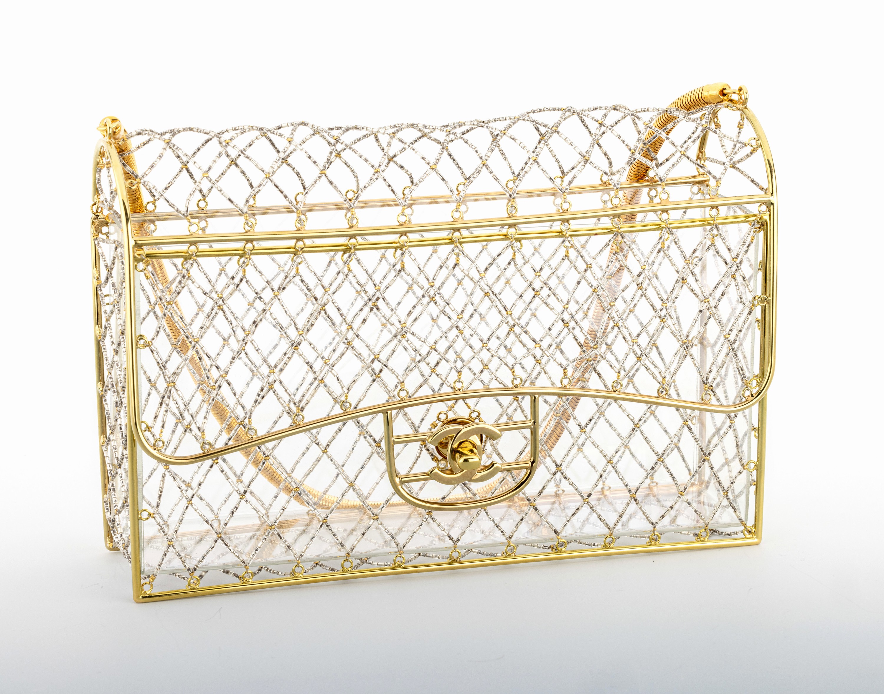 Detail a: CHANEL Cage Flap Bag, Paris 1990er Jahre, Goldfarbene Hardware, gold- und silberfarbenesGeflecht, durchsichtiger Plexiglaseinsatz, Verschluß mit ...