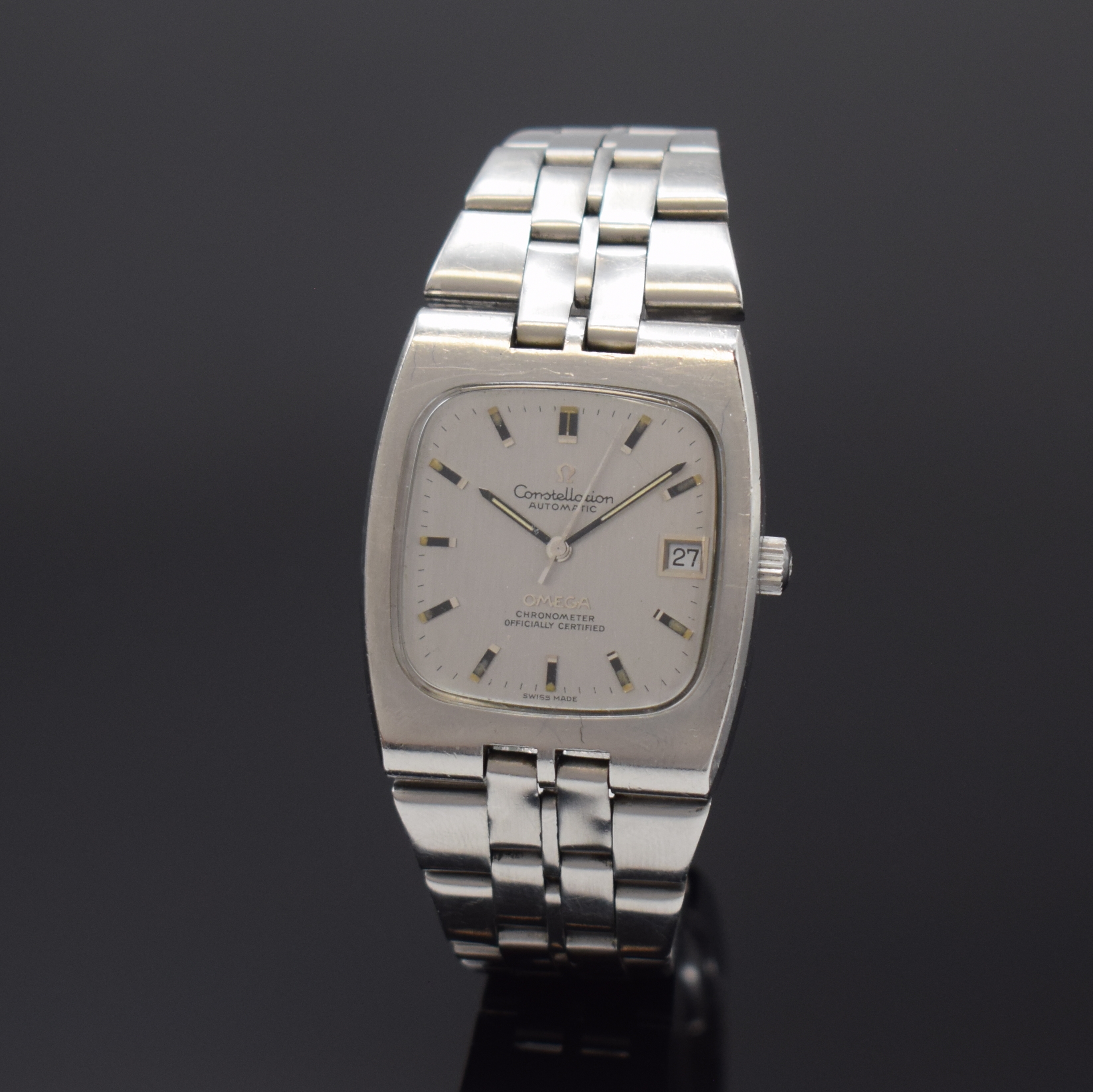 OMEGA Constellation Chronometer Referenz 168.047 in Stahl, Schweiz um 1969, Automatik, 4-fach verschr. Geh., integr. orig. Band Ref. 1116, Boden m. ...