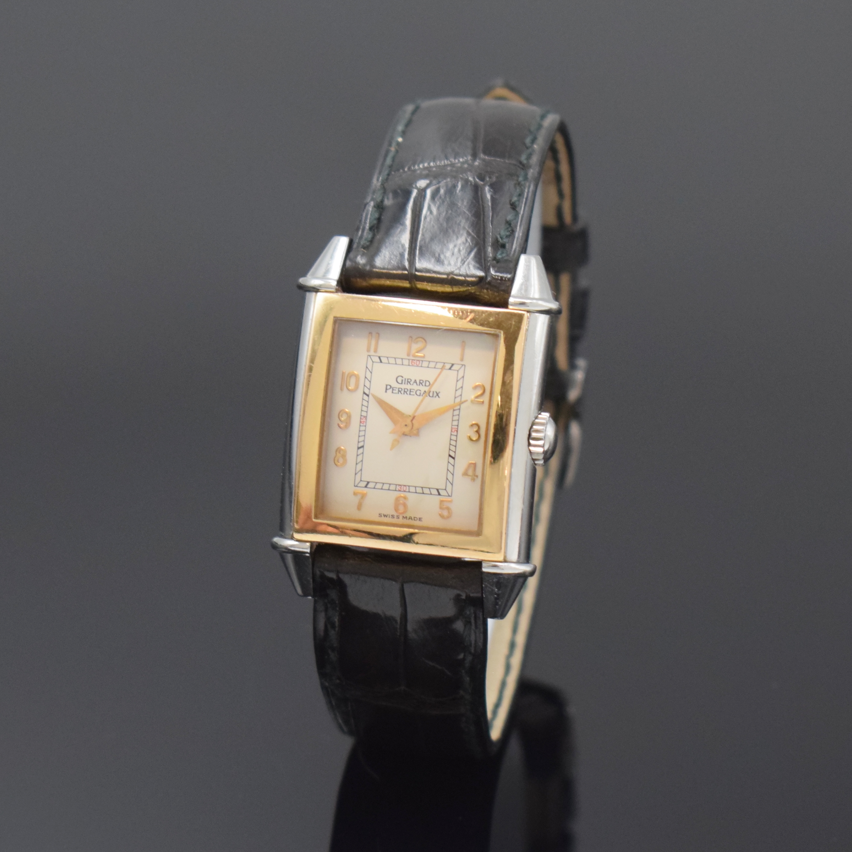 GIRARD PERREGAUX Vintage Damenarmbanduhr Referenz 2591, Schweiz um 1995, quarz, Edelstahl/Gold komb. inkl. orig. Lederband m. orig. Dornschl. in WG ...