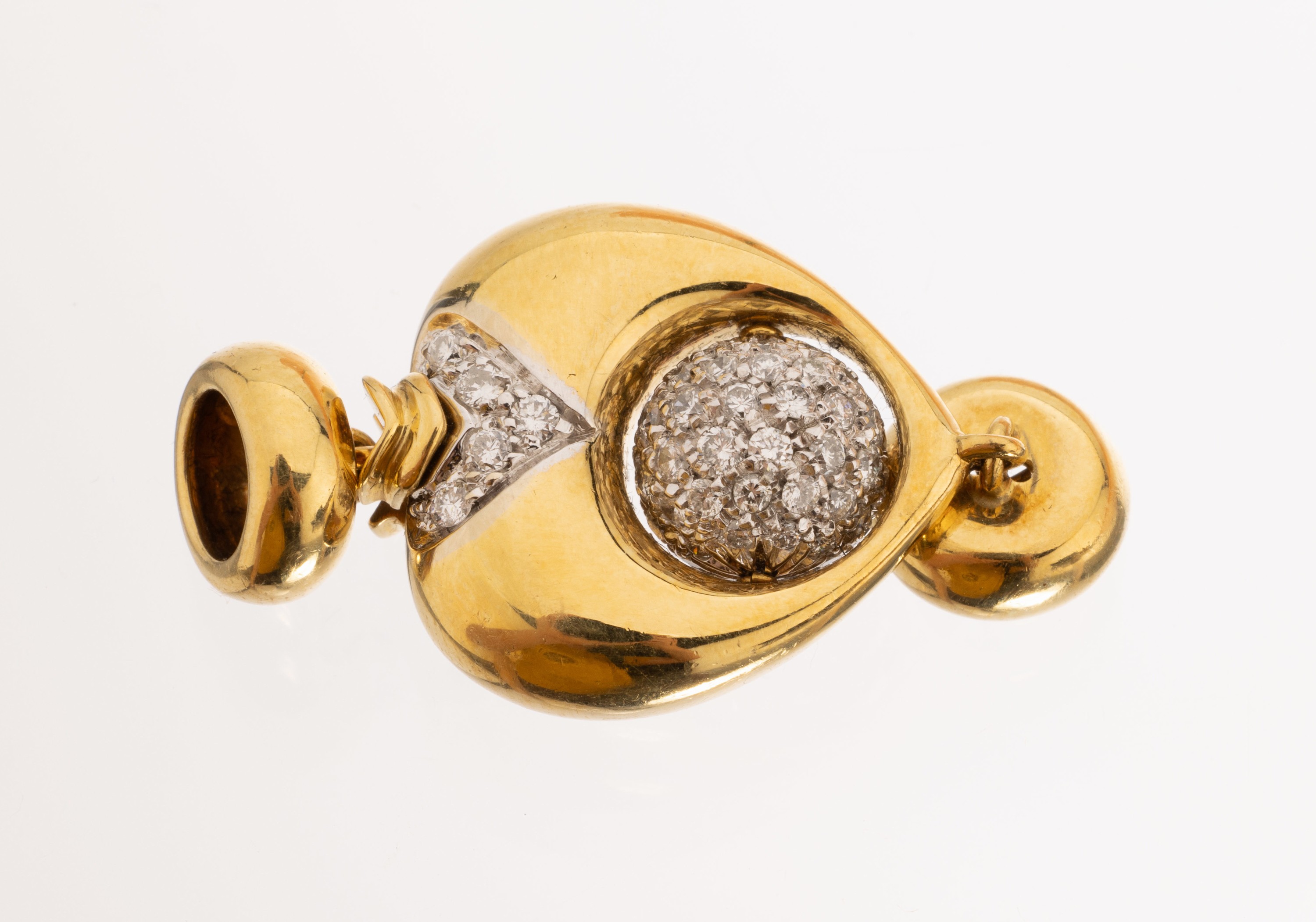 18 kt Gold Brillant-Kettenschließe, GG 750/000, angedeutete Herzform, drehbare Kugel aus WG, Brillanten zus. ca. 1.14 ct Weiß/si, L. ca. 3.5 cm, ...