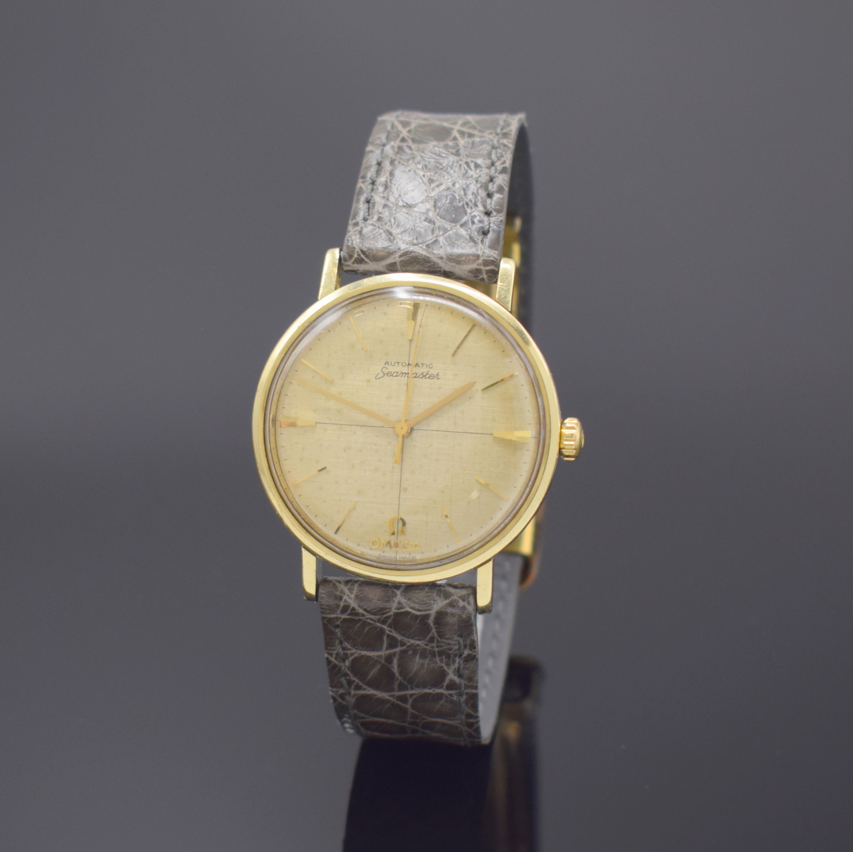 OMEGA Seamaster sehr seltene Armbanduhr mit Omega-Logo und Schriftzug bei 6 Referenz 14745, Automatik, Schweiz um 1960, Edelstahl-Einschalengeh. m. ...