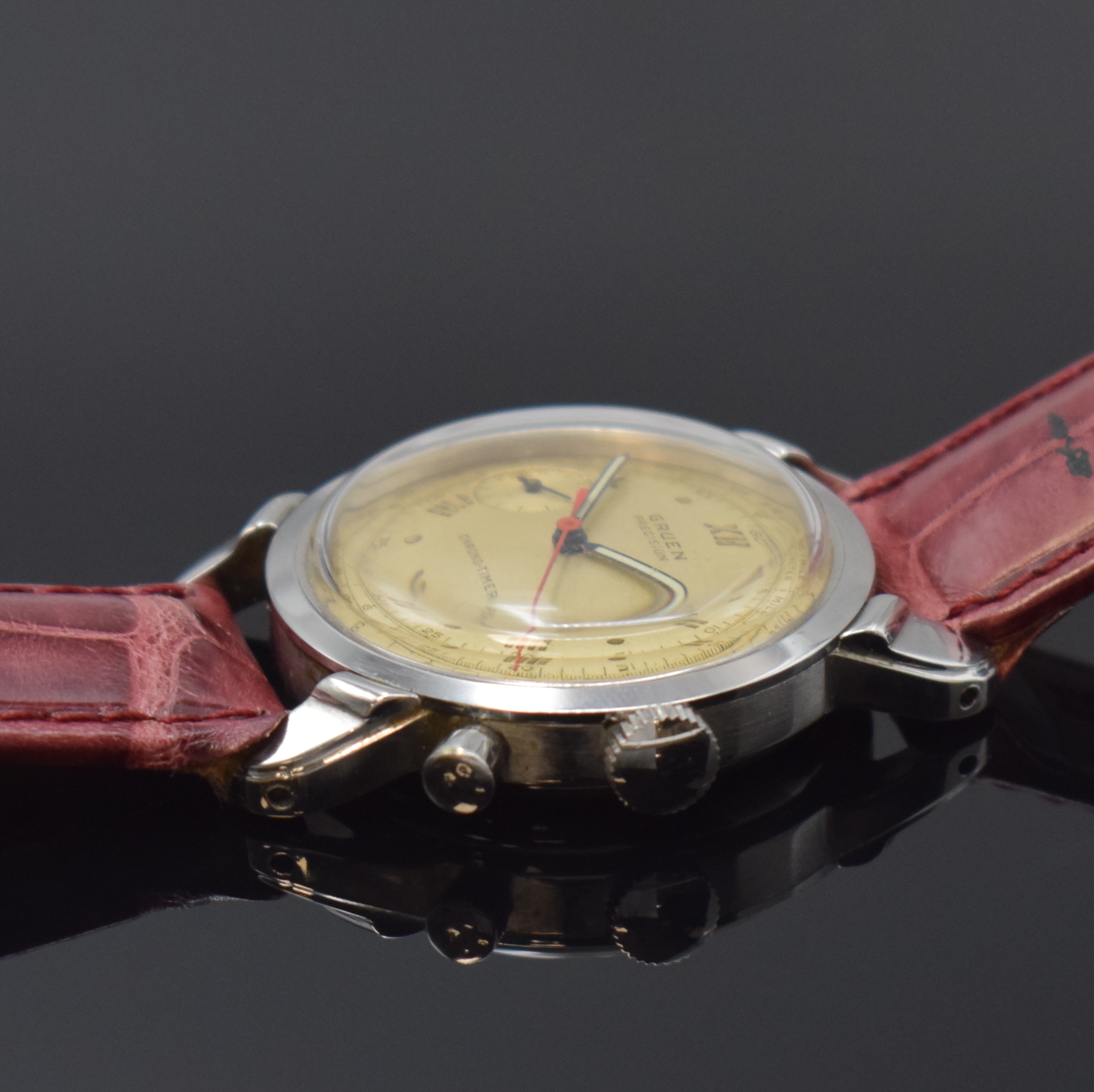 Detail b: GRUEN Precision Chrono-Timer seltener Eindrücker-Schaltradchronograph in Stahl, Handaufzug, Schweiz um 1955, Boden verschr., silb. orig. Zifferbl. ...