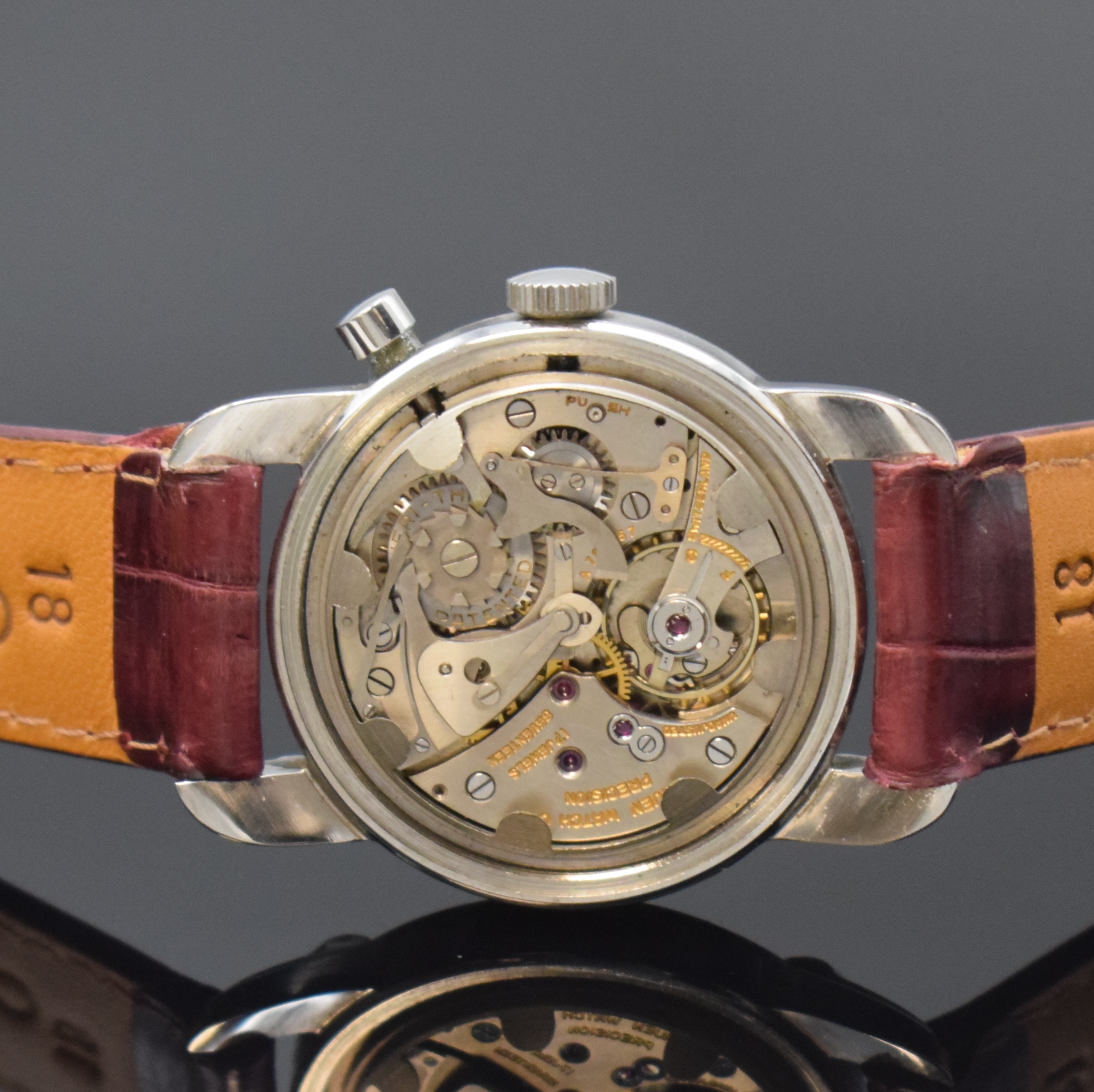 Detail d: GRUEN Precision Chrono-Timer seltener Eindrücker-Schaltradchronograph in Stahl, Handaufzug, Schweiz um 1955, Boden verschr., silb. orig. Zifferbl. ...