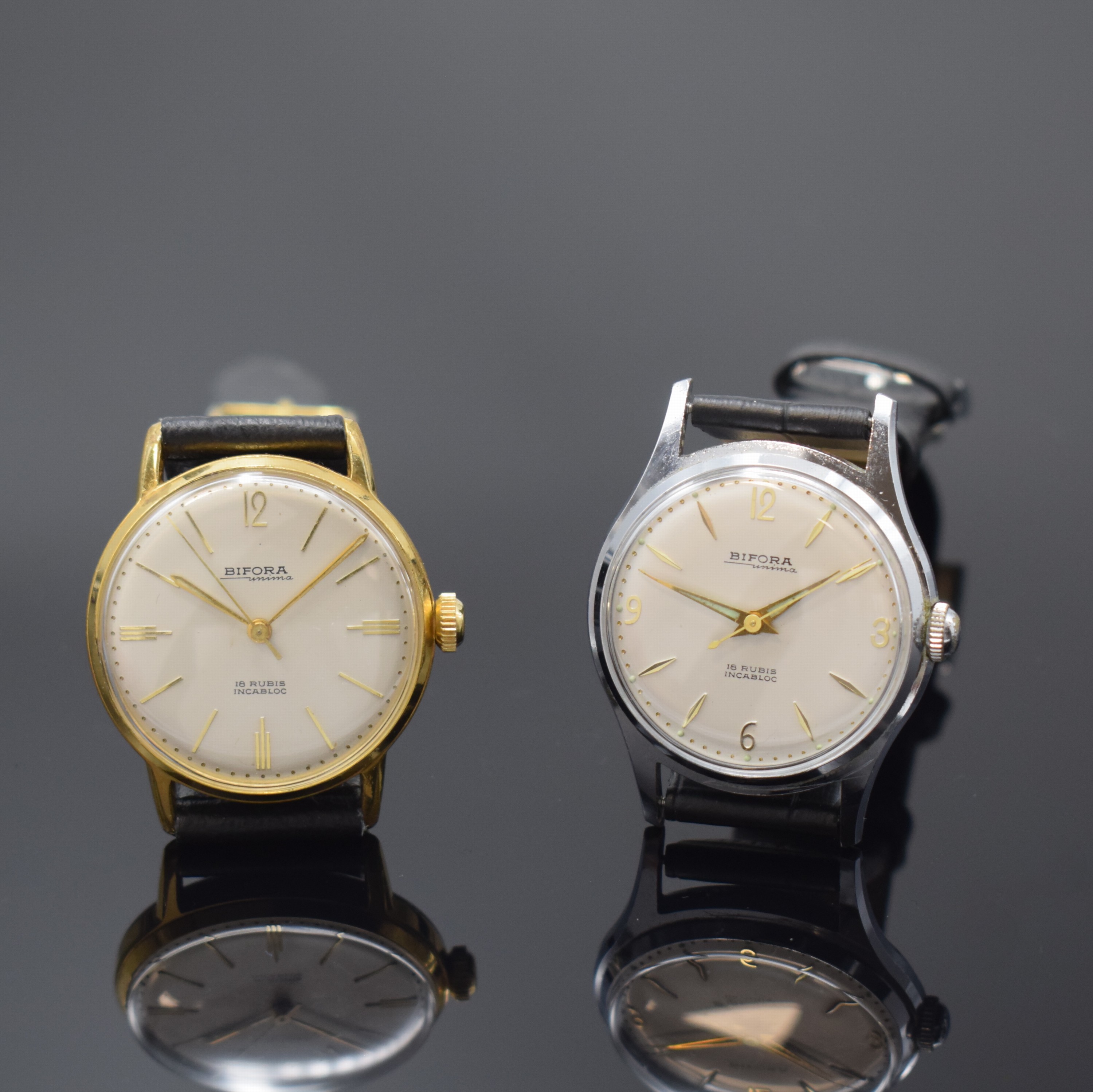 BIFORA Unima Kaliber 120 2 seltene Armbanduhren, Deutschland um 1955, beide Handaufzug, 1 x verg. Geh. m. aufgedr. Stahlboden, 1 x verchr. Geh. m. ...