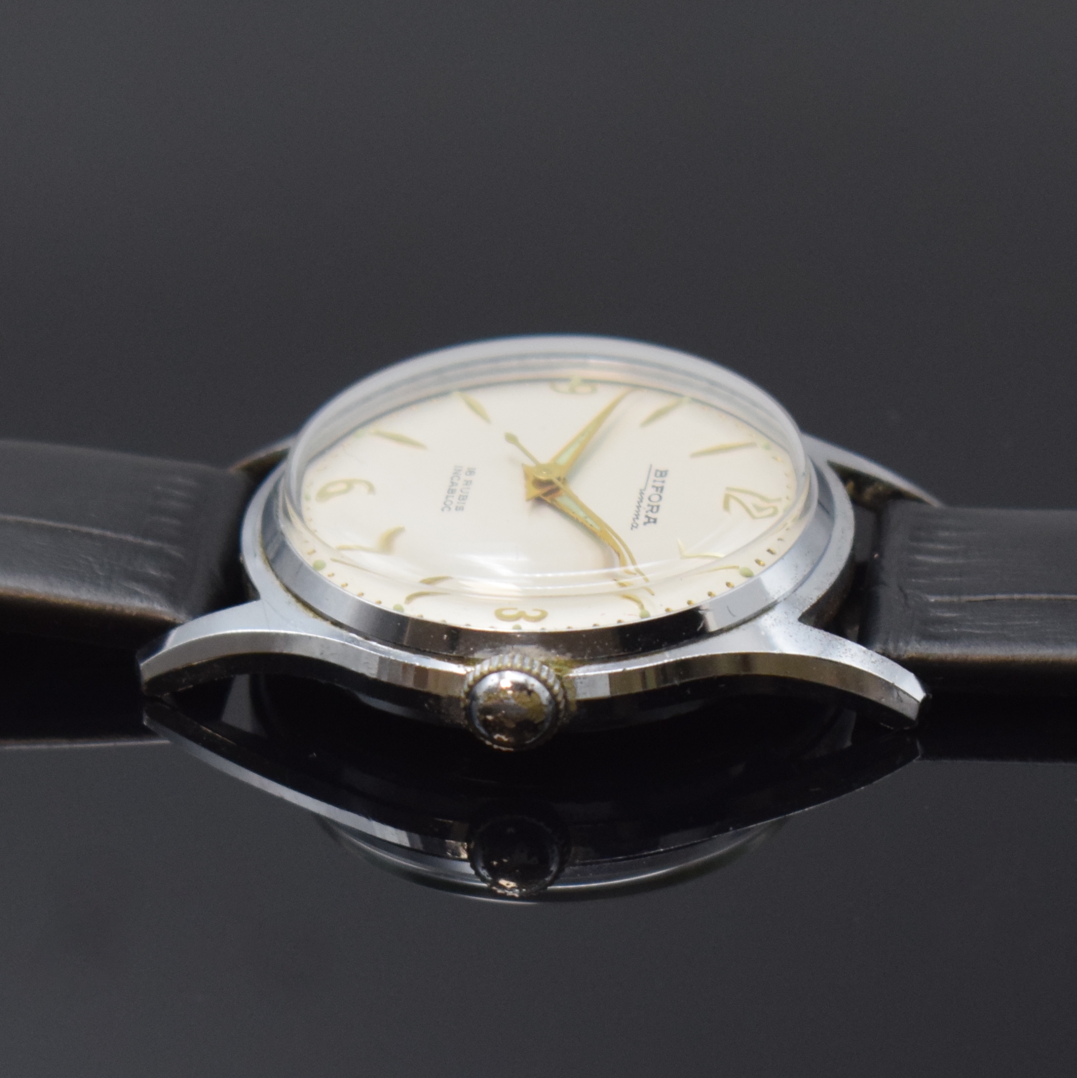 Detail a: BIFORA Unima Kaliber 120 2 seltene Armbanduhren, Deutschland um 1955, beide Handaufzug, 1 x verg. Geh. m. aufgedr. Stahlboden, 1 x verchr. Geh. m. ...