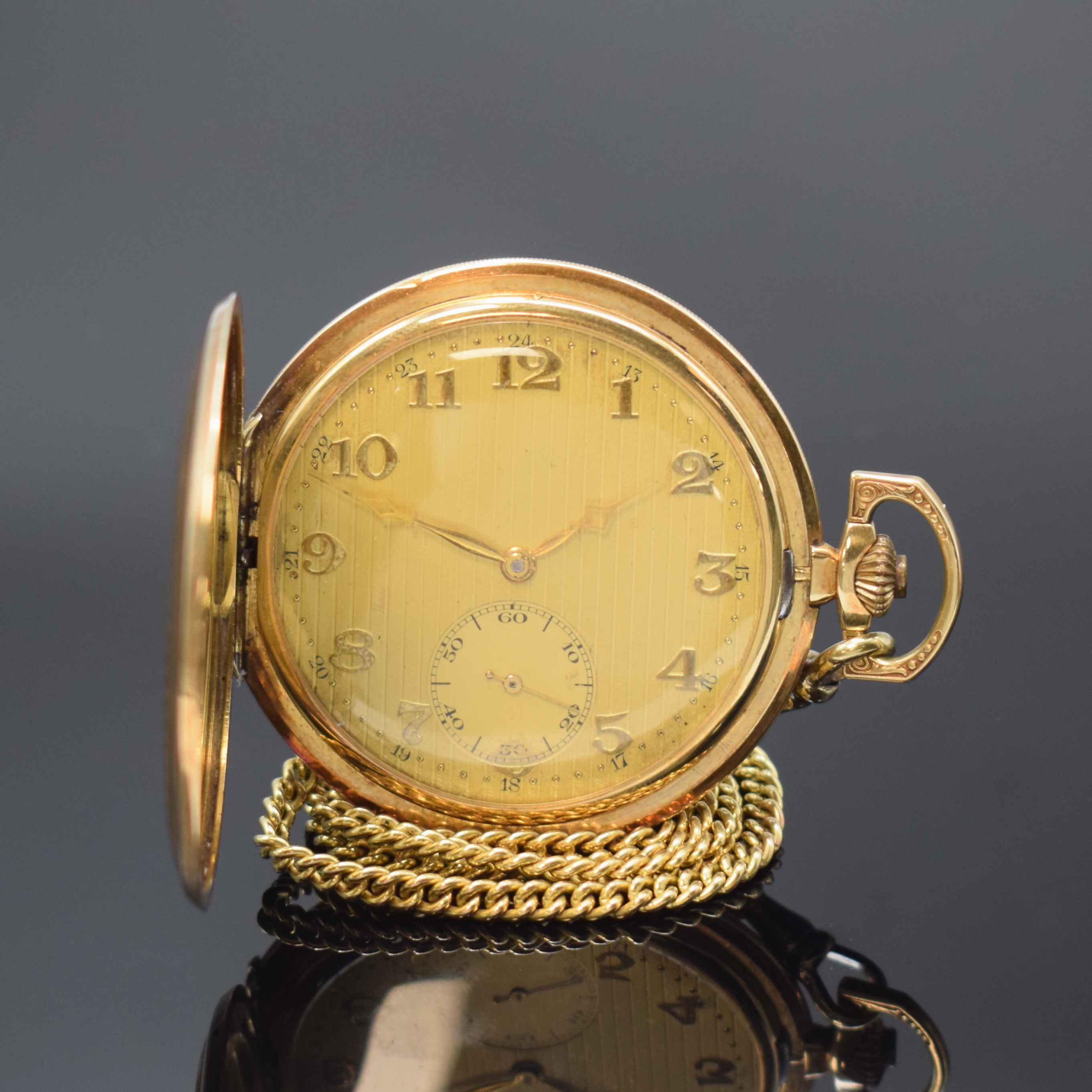 TELLUS Savonette Herrentaschenuhr in GG 585/000 an GG 585/000 Kette, Schweiz 1920er Jahre, guill. 2-Deckel Goldgeh., verg. Metallcuv., ...
