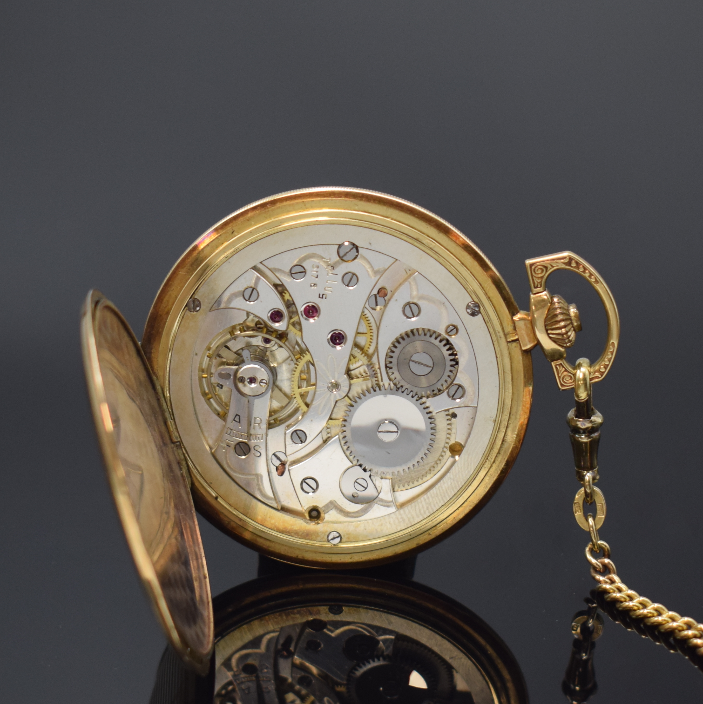 Detail g: TELLUS Savonette Herrentaschenuhr in GG 585/000 an GG 585/000 Kette, Schweiz 1920er Jahre, guill. 2-Deckel Goldgeh., verg. Metallcuv., ...