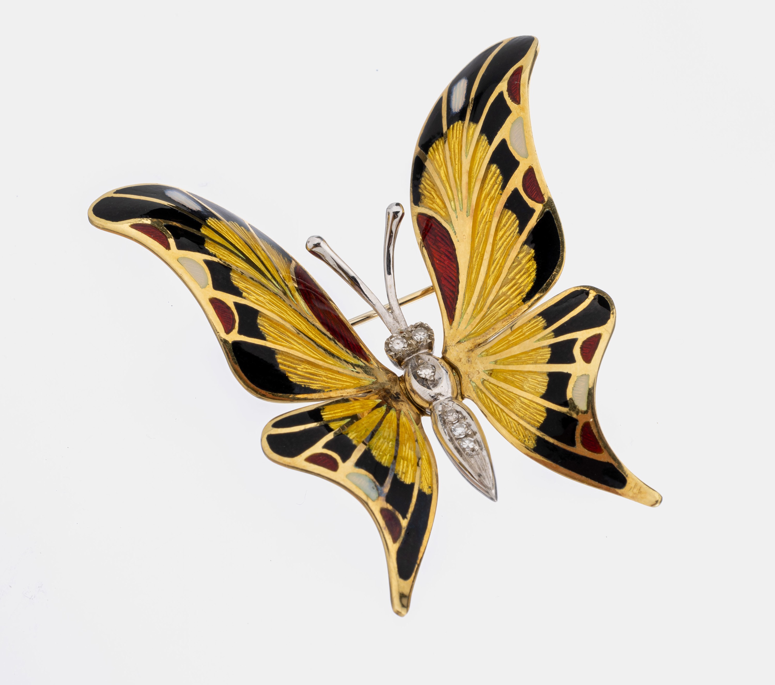 18 kt Gold Diamant-Brosche "Schmetterling" mitEmail, GG/WG 750/000, qualitätvolle italienische Atelierarbeit, Flügel aufwendig in ...