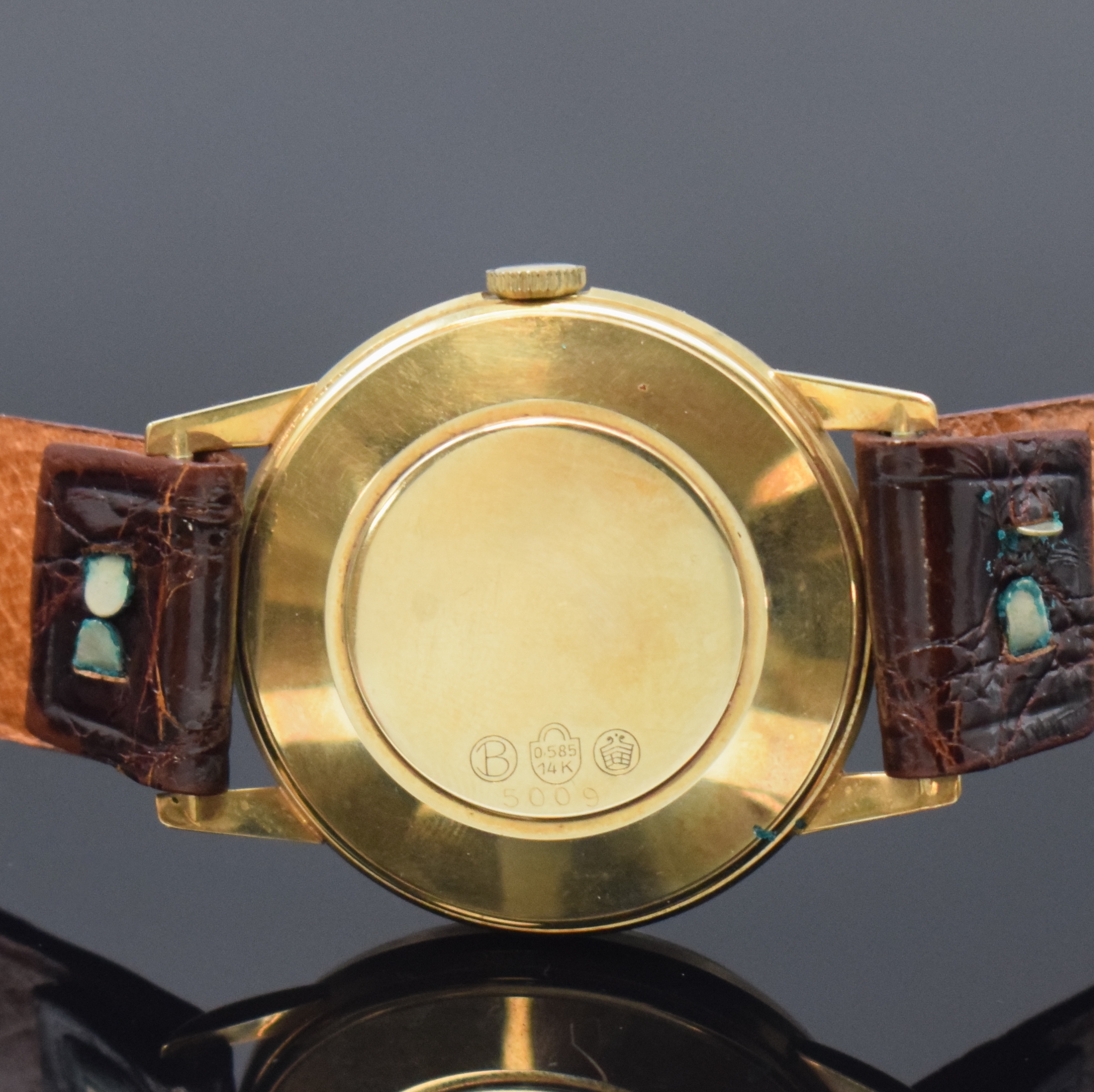 Detail c: BIFORA Unima Kaliber 120 seltene Armbanduhr in GG 585/000, Deutschland um 1955, Handaufzug, gedr. Boden, silb. Zifferbl., gold. Indizes, gold. ...