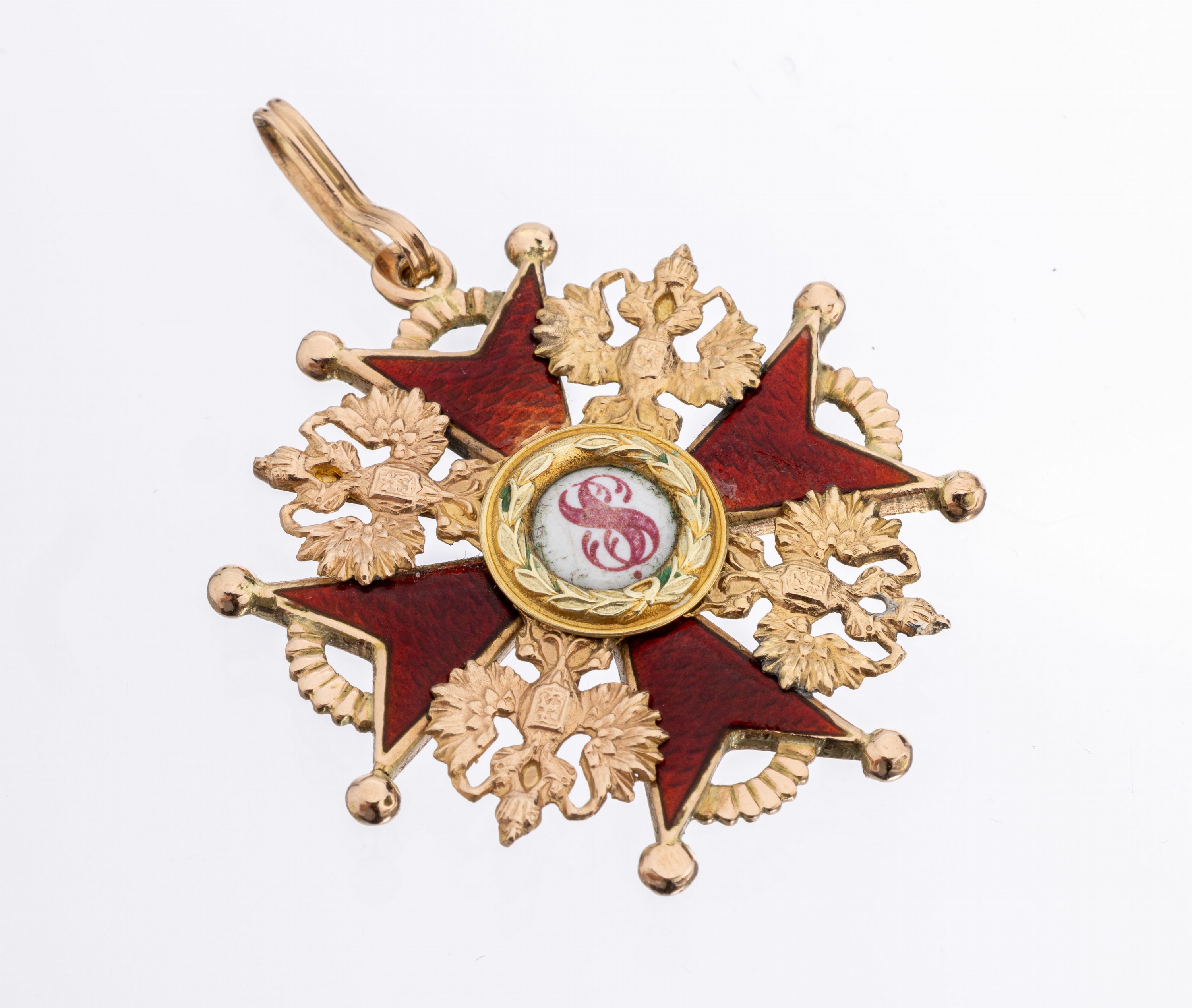 14 kt Gold St. Stanislaus Orden, Russland, GG/RoseG 585/000, Kreuz 3. Klasse, rot emaill., ca. 42 mm, rückseitig, ca. 11.9 g, Herstellergravur: ...