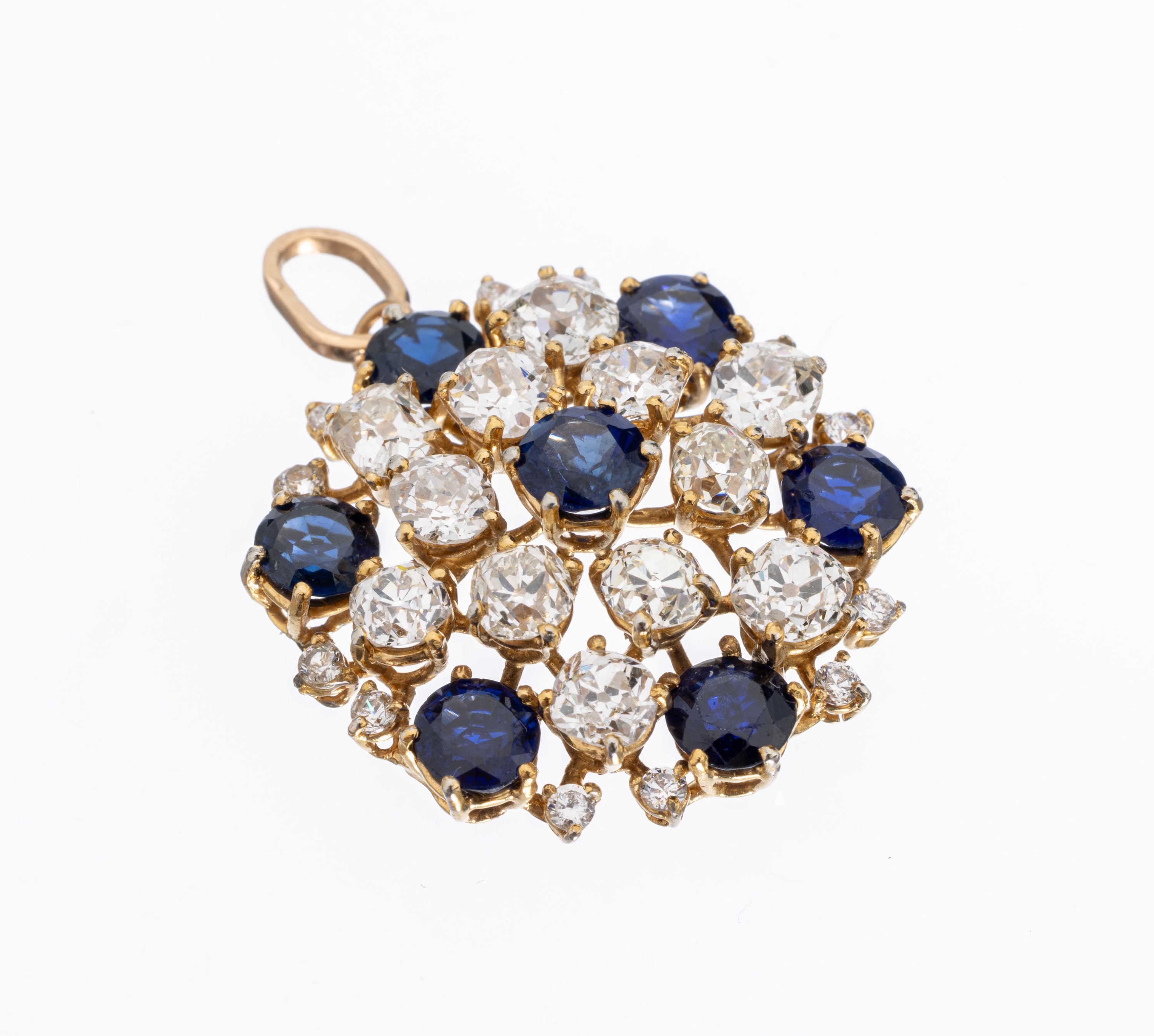 18 kt Gold Diamant-Saphir-Anhänger, GG 750/000, 7 rundfacett. Saphire zus. ca. 0.50 ct, 22 Diamanten zus. ca. 3.40 ct Weiß-fancy yellow/si-p, ca. ...