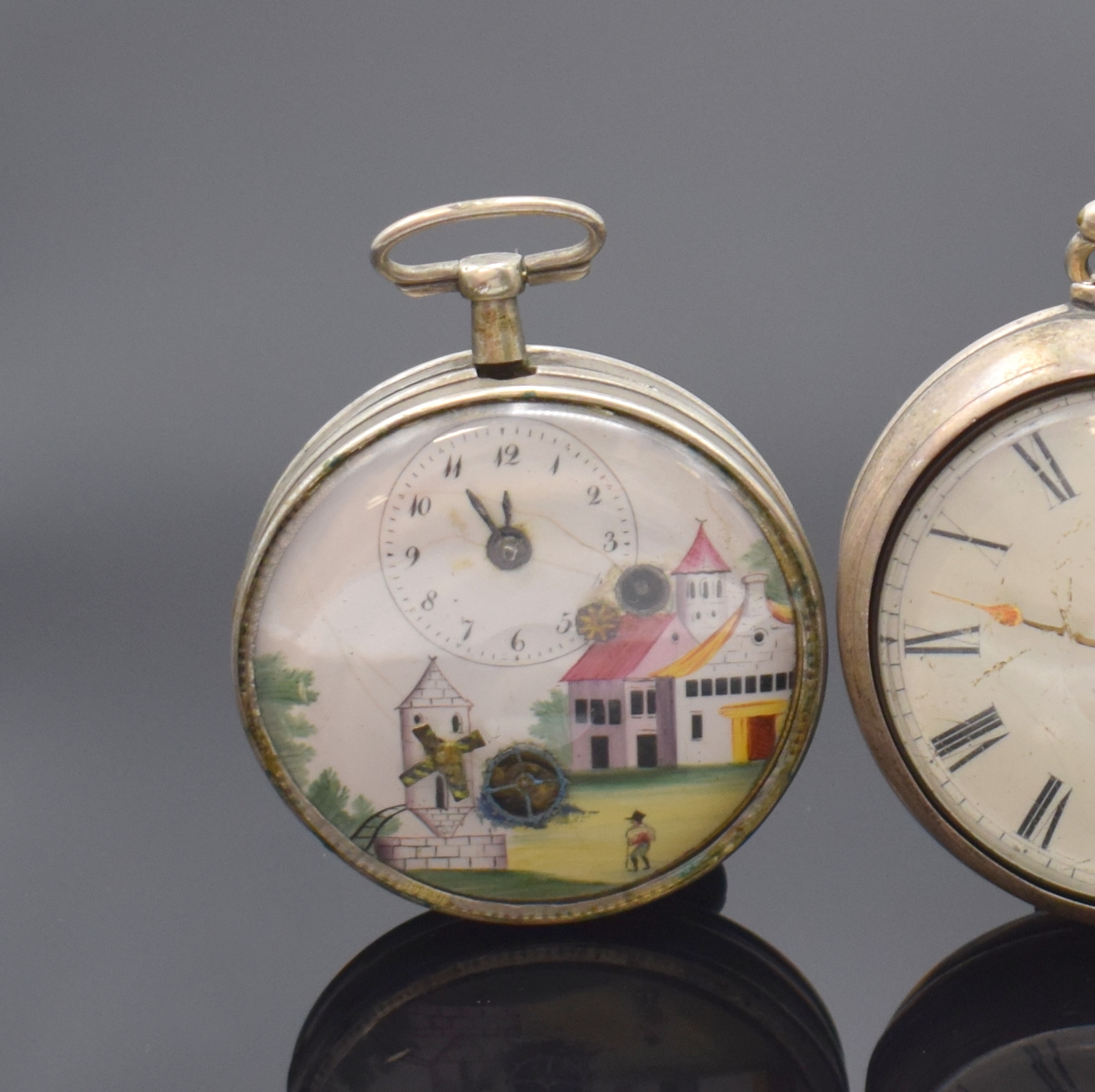 Detail a: Spindeluhr mit Mühlen-Automat und 2 weitere Spindeluhren, um 1760 - 1830, 1.) Silbergeh., polychrom bemaltes Emailzifferbl. besch., Mühlen-Automat ...