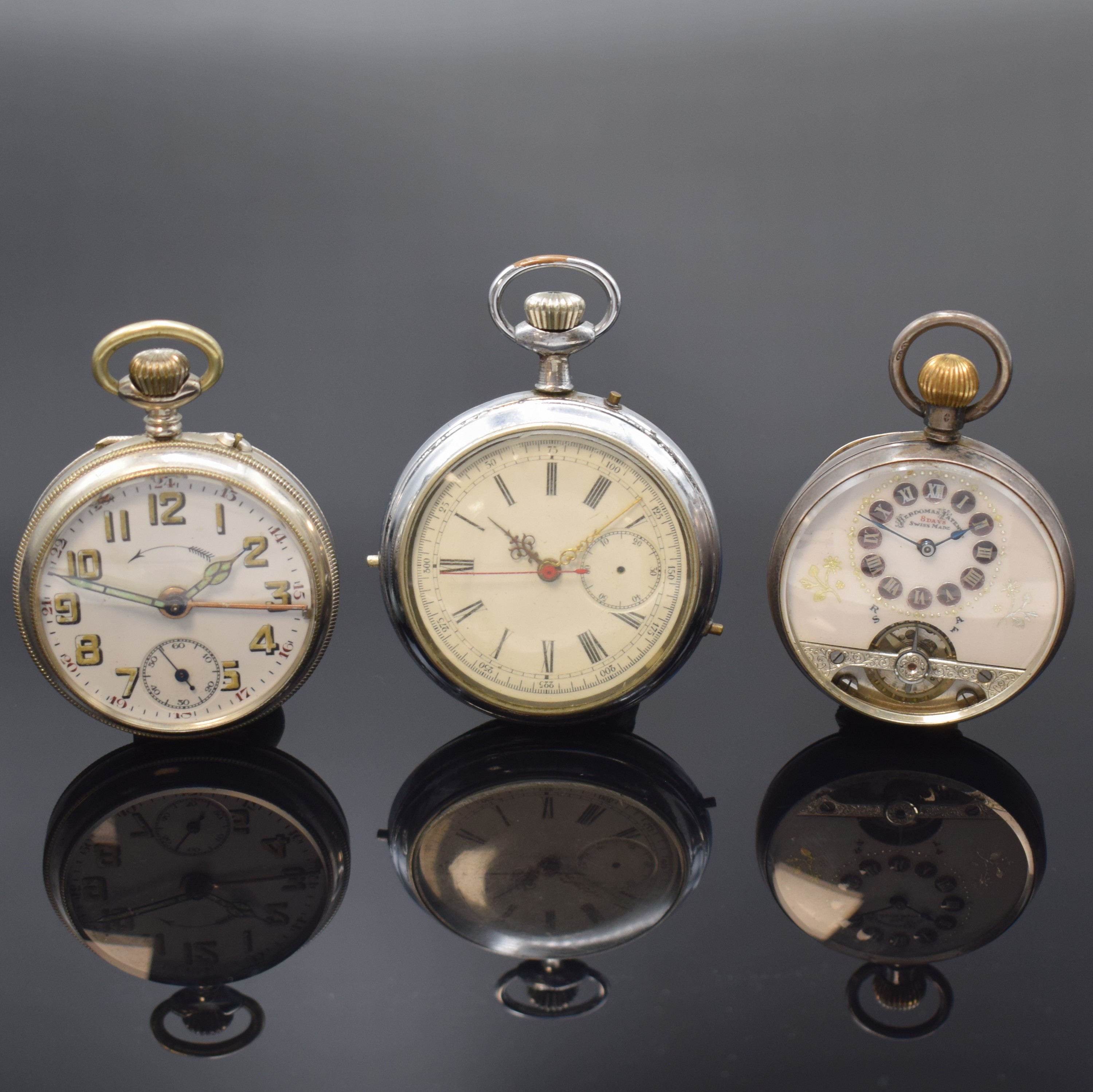 Taschenuhrwerk mit 1/4-Repetition und Chronograph und 2 weitere Taschenuhren, Schweiz um 1890 - 1930, Kronenaufzug, 1.) verg. Werk m. 1/4-Rep., ...