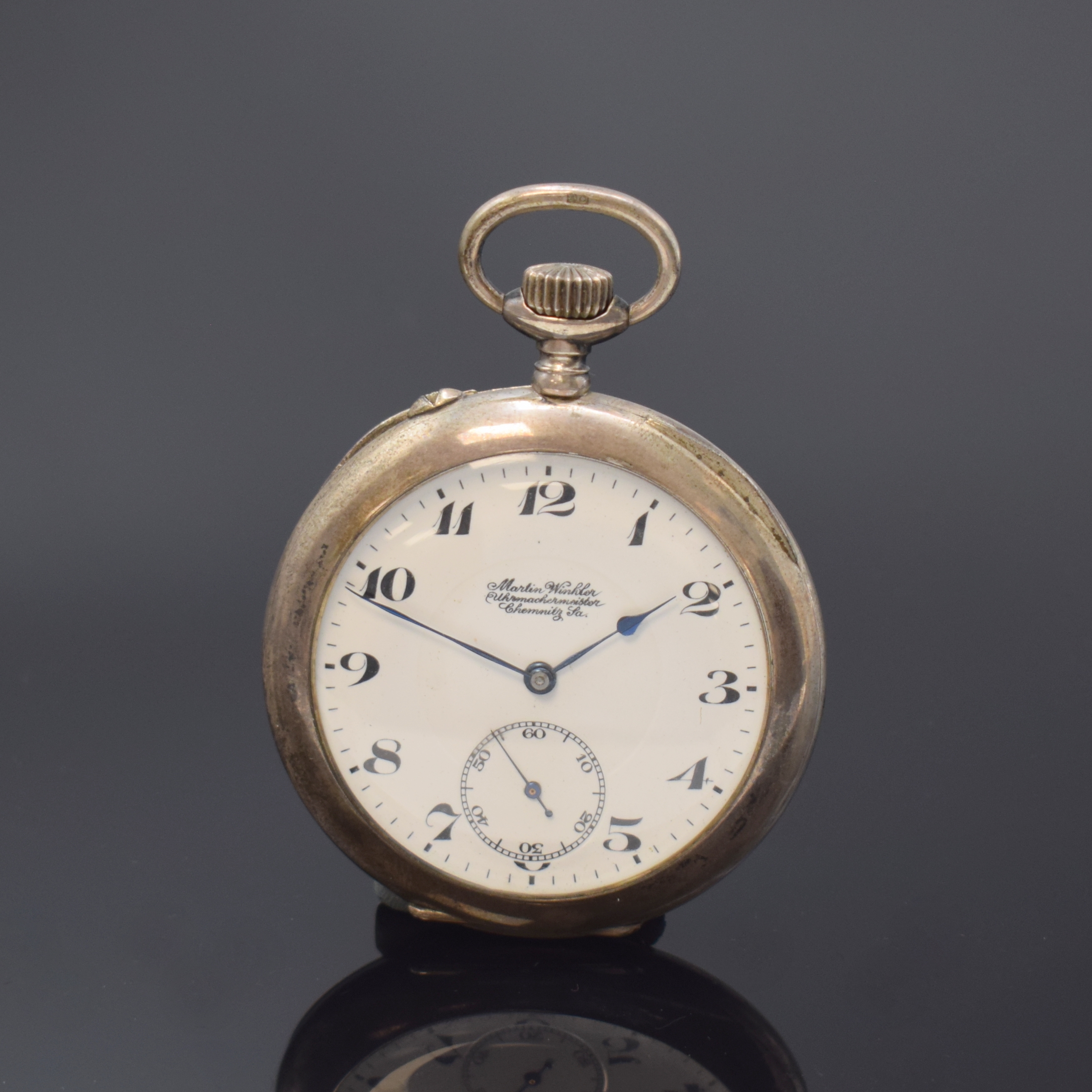 MARTIN WINKLER/Deutsche Präzisions-UhrenfabrikGlashütte e.G.m.b.H. offene Silbertaschenuhr, Deutschland um 1926, glattes Lucia-Geh., ...