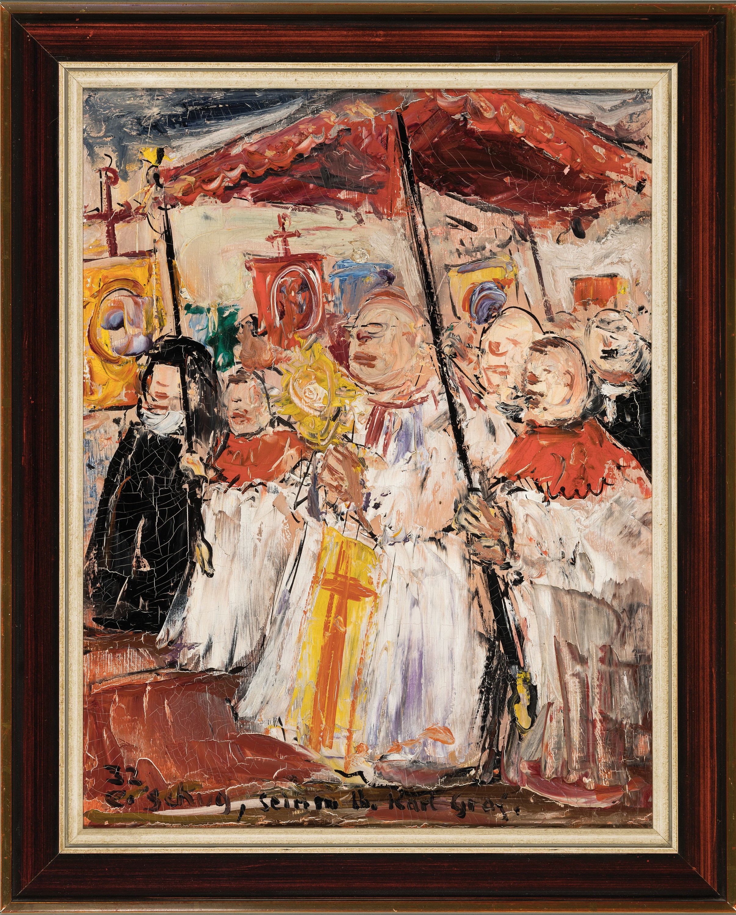 Detail k: Erich Schug, 1906 Ludwigshafen-1982 Bad Dürkheim, Darst. einer Fronleichnams- Prozession, Öl/Hartfaser, am unteren Rand gewidmet: E. Schug, seinem ...